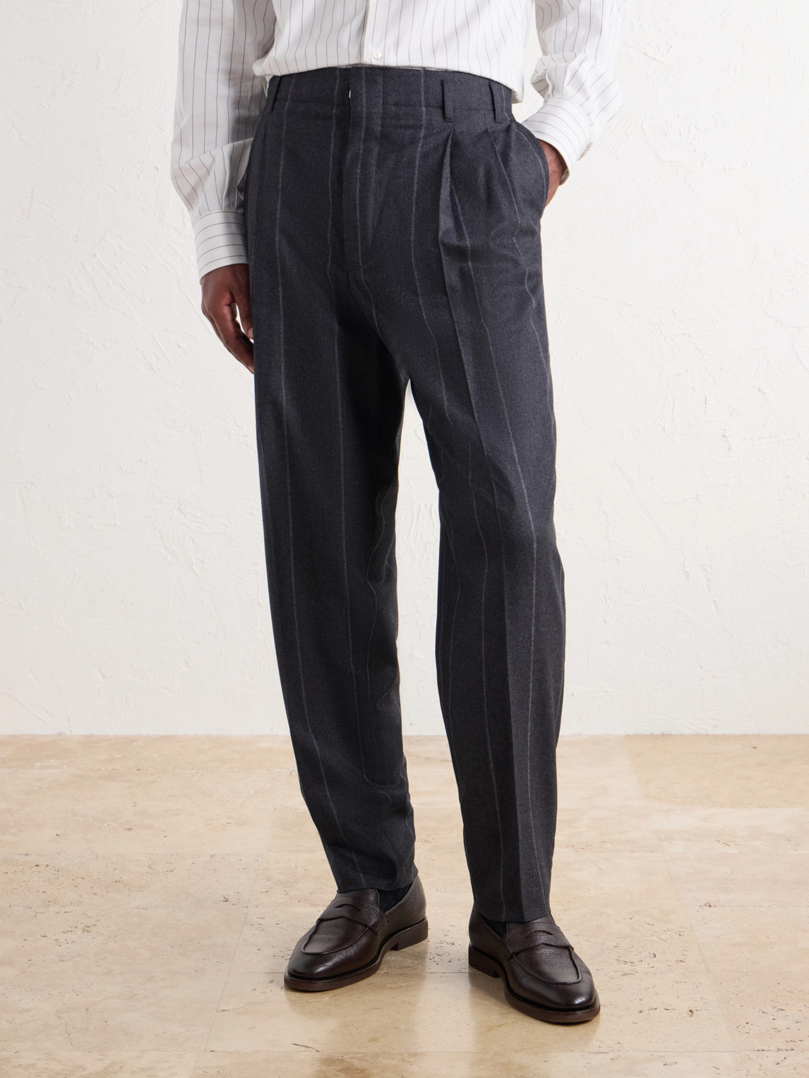 Straight-Leg Pinstriped Pleated Wool, Silk And Cashmere-Blend Flannel Suit Trousers