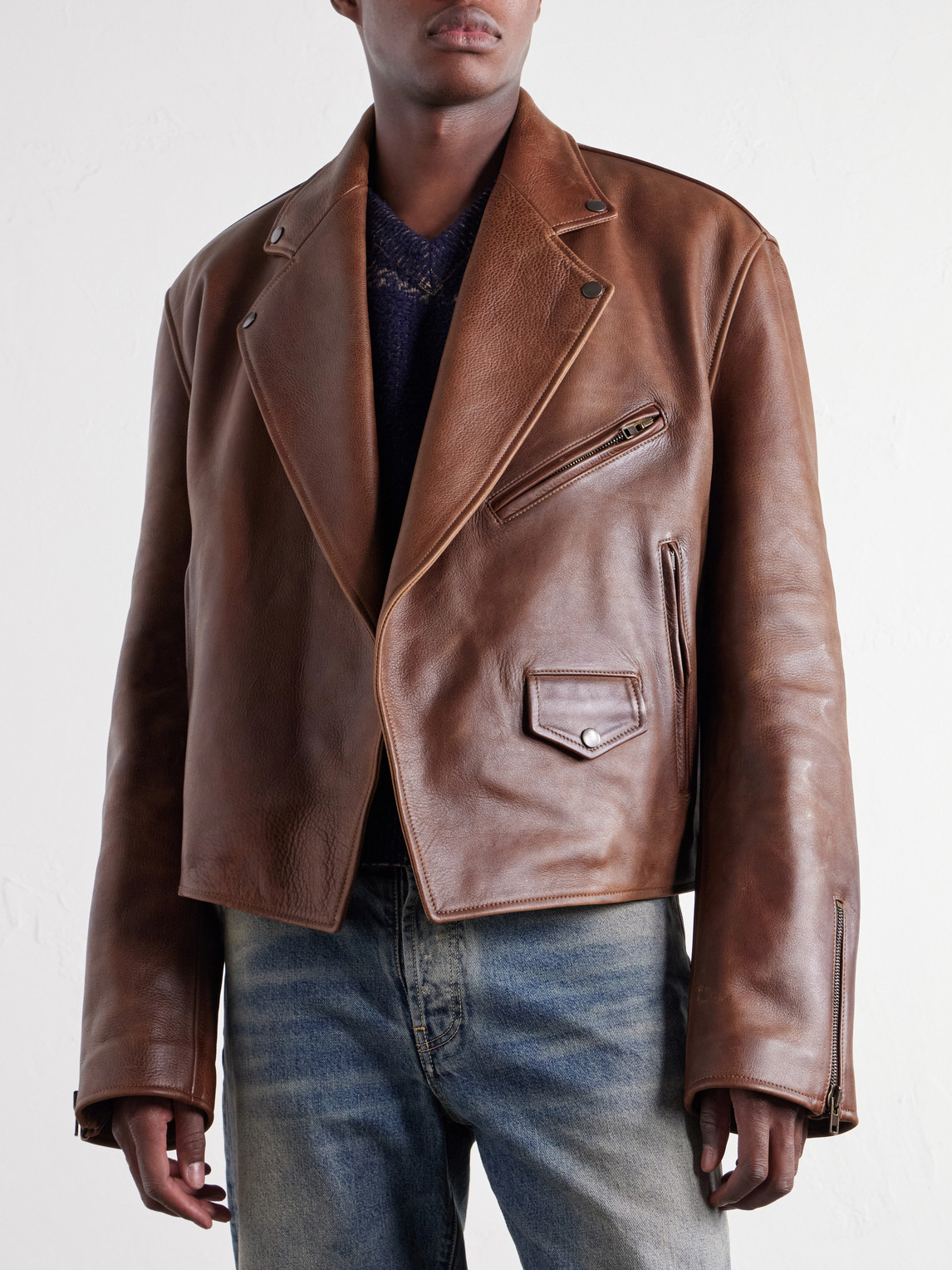 Cropped Distressed Full-Grain Leather