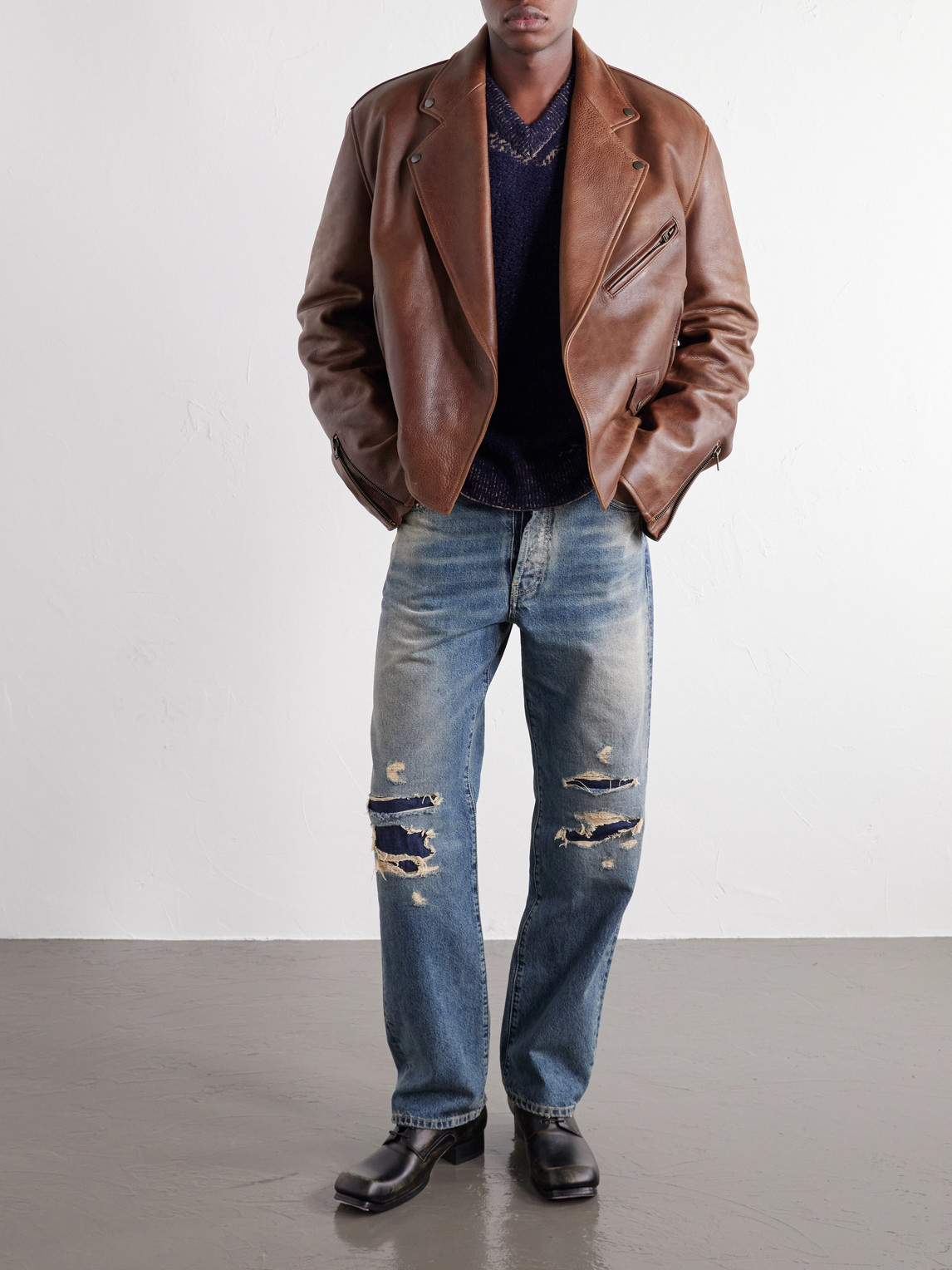 Cropped Distressed Full-Grain Leather