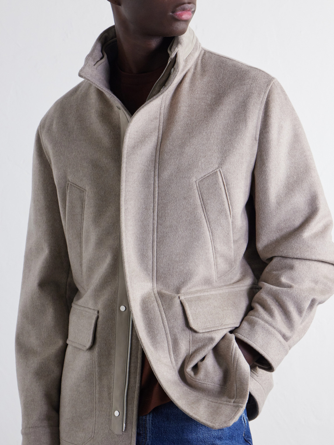 Hooded Padded Felted Leather-Trimmed Cashmere Coat