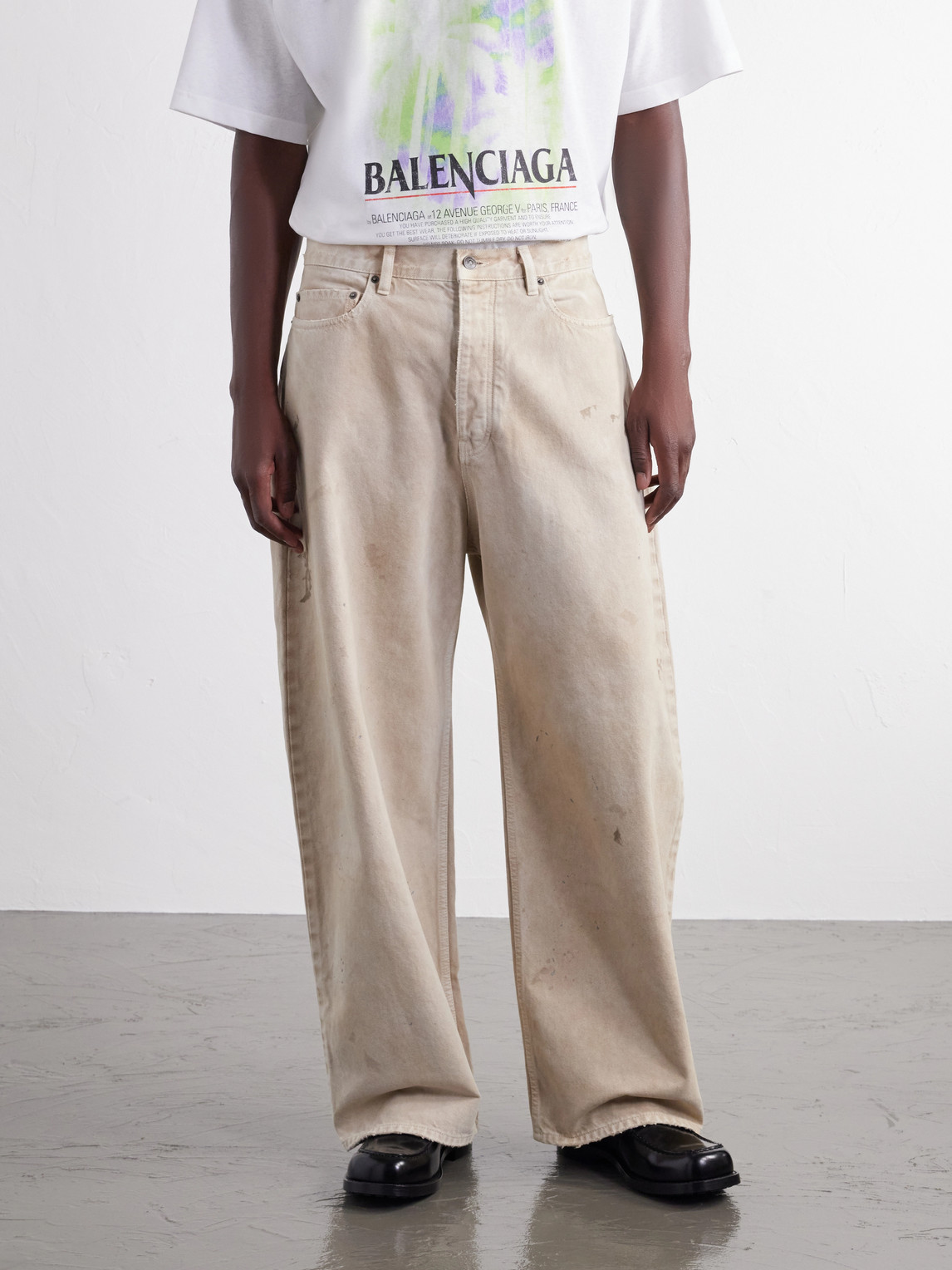 Wide-Leg Distressed Paint-Splattered Jeans