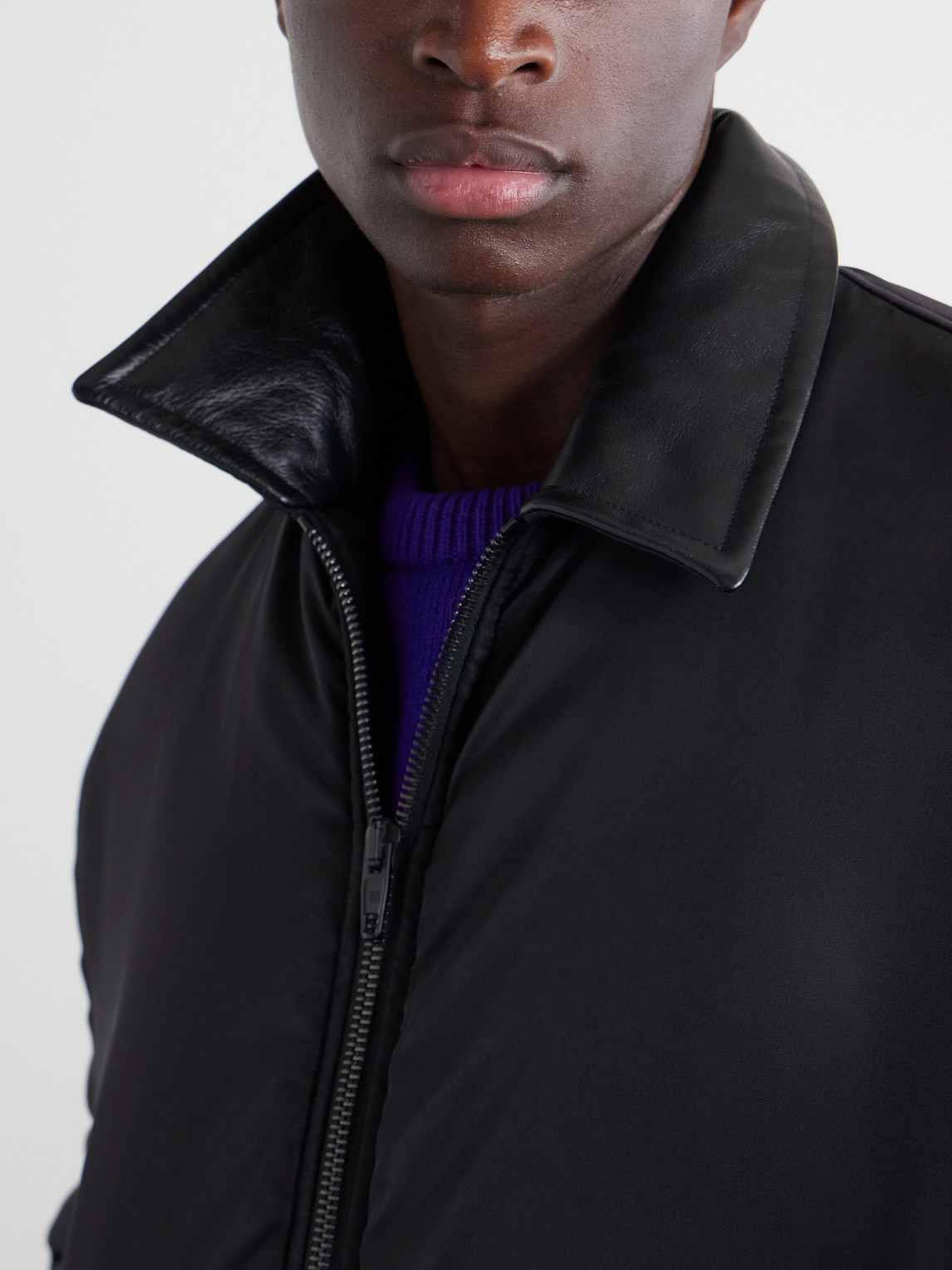 Coccon Leather-Trimmed Padded Shell Bomber Jacket