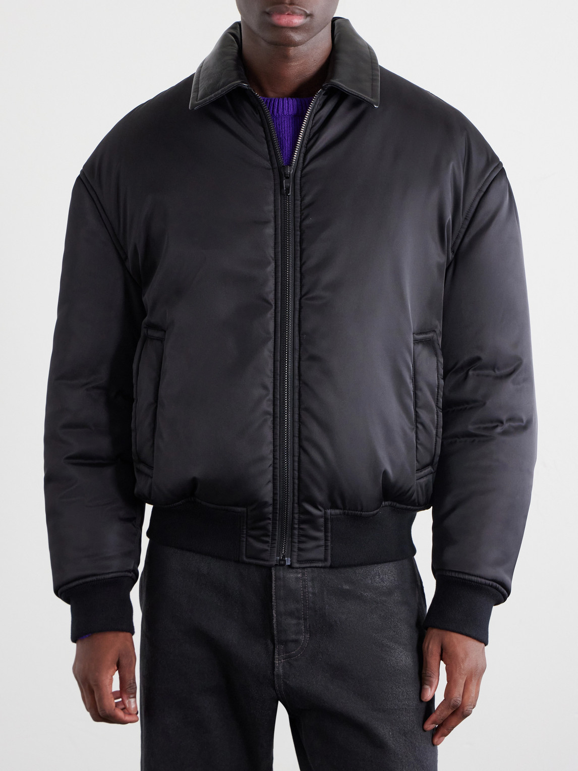 Coccon Leather-Trimmed Padded Shell Bomber Jacket