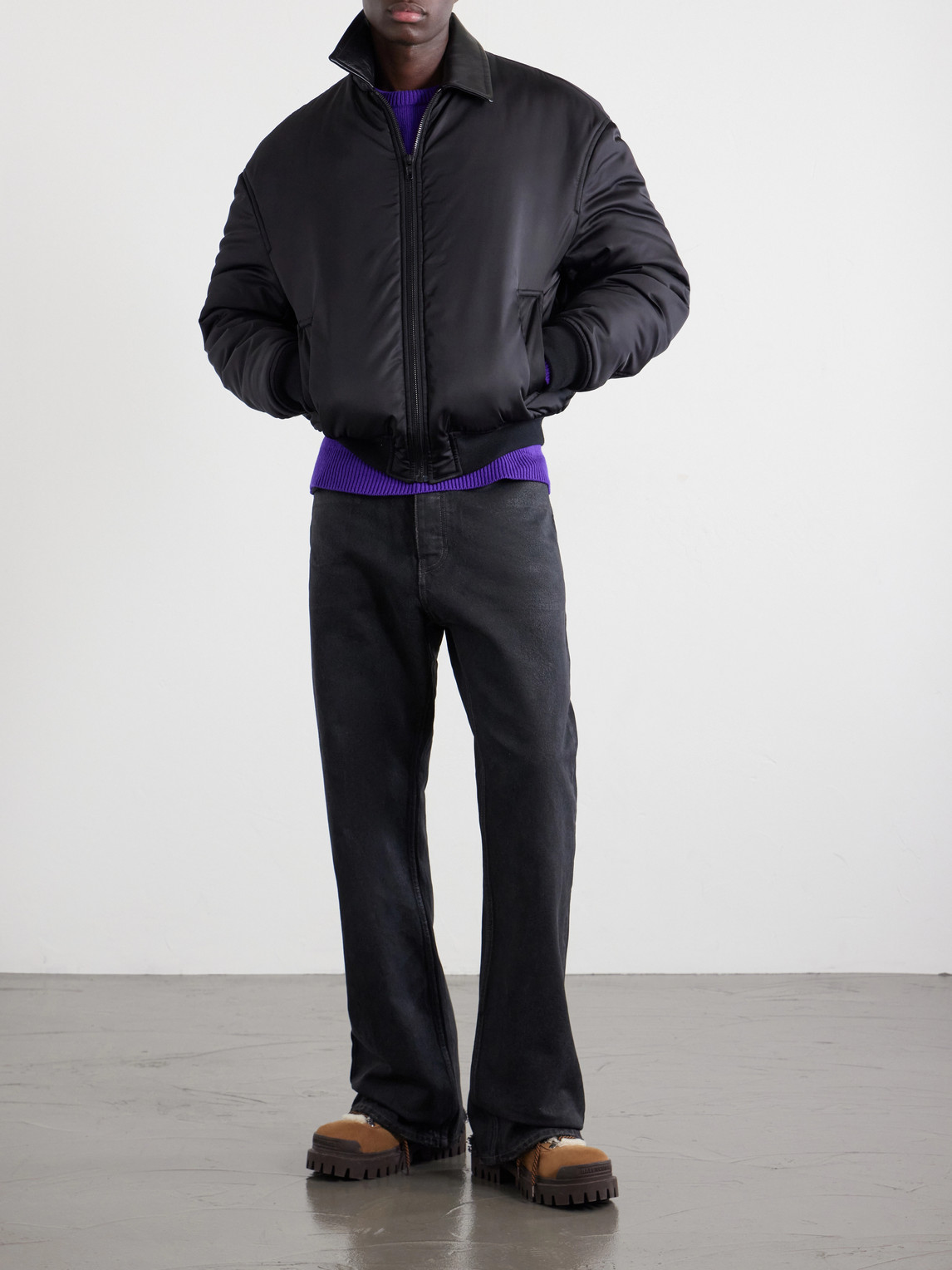 Coccon Leather-Trimmed Padded Shell Bomber Jacket