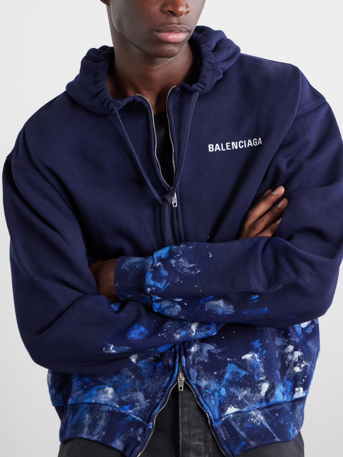 Logo-Embroidered Paint-Splattered Cotton-Jersey Zip-Up Hoodie