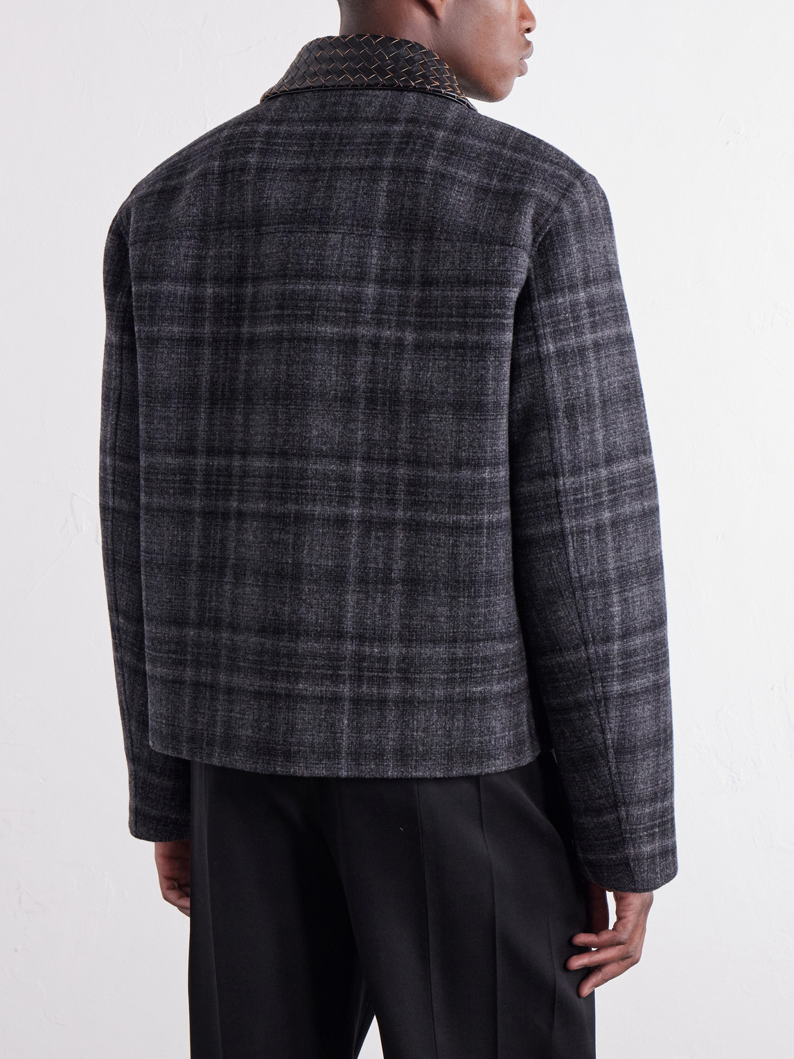 Intrecciato Leather-Trimmed Checked Brushed Wool-Blend Blouson Jacket