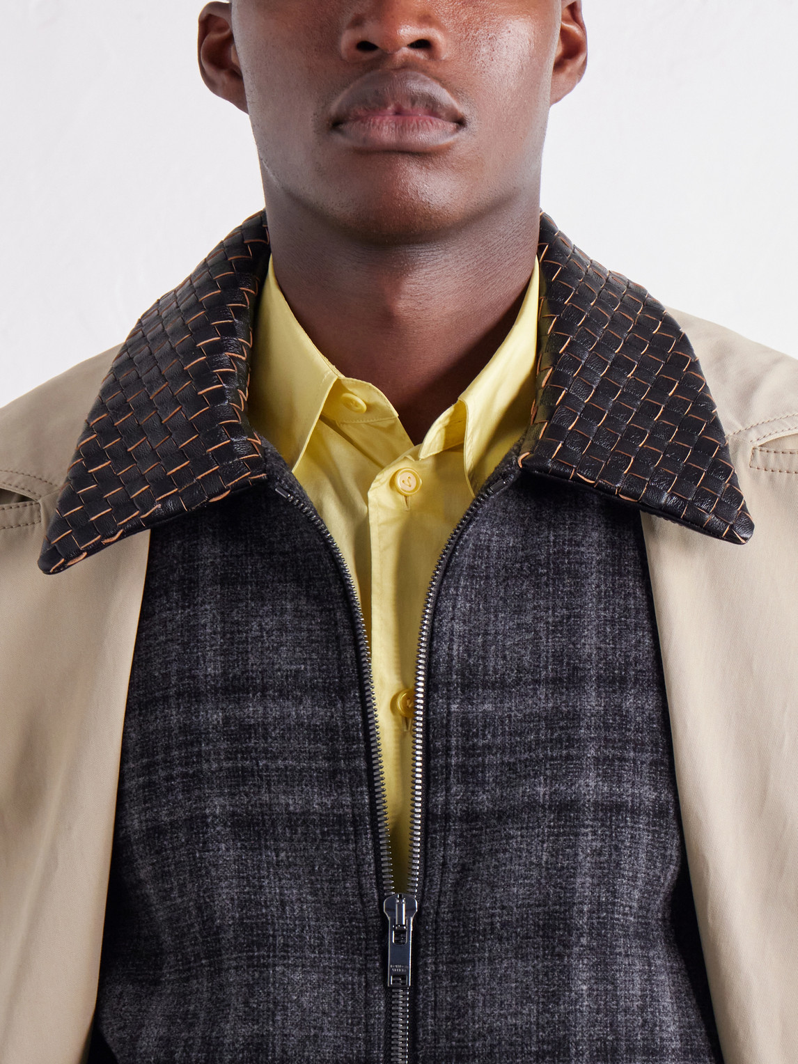 Intrecciato Leather-Trimmed Checked Brushed Wool-Blend Blouson Jacket