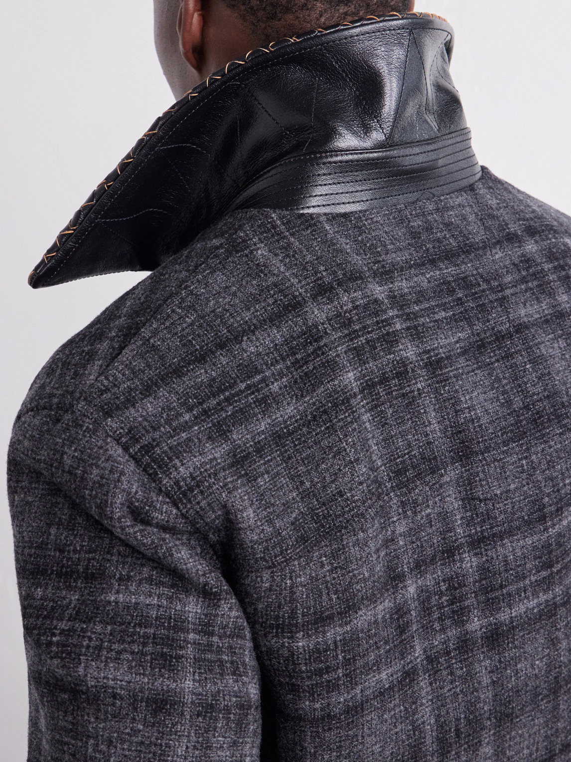 Intrecciato Leather-Trimmed Checked Brushed Wool-Blend Blouson Jacket