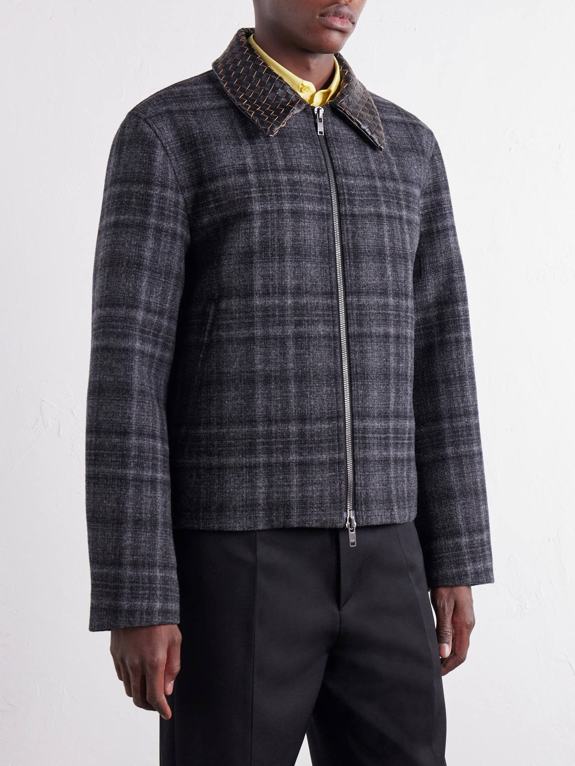 Intrecciato Leather-Trimmed Checked Brushed Wool-Blend Blouson Jacket