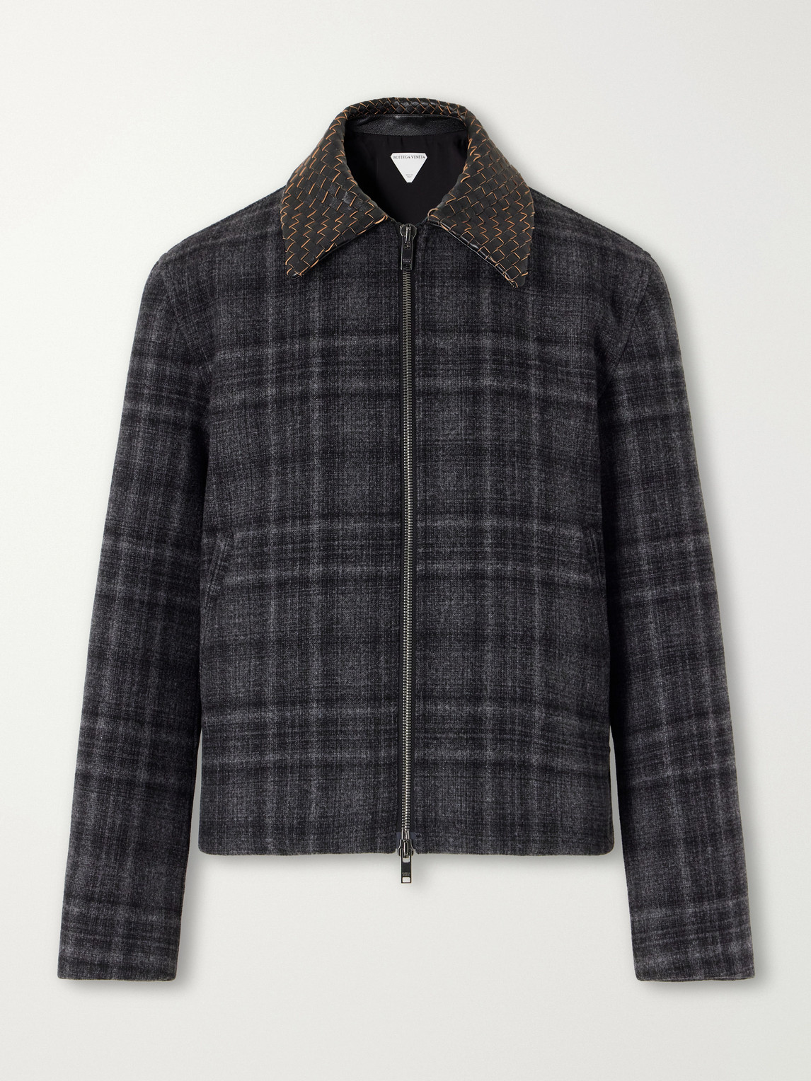 Intrecciato Leather-Trimmed Checked Brushed Wool-Blend Blouson Jacket