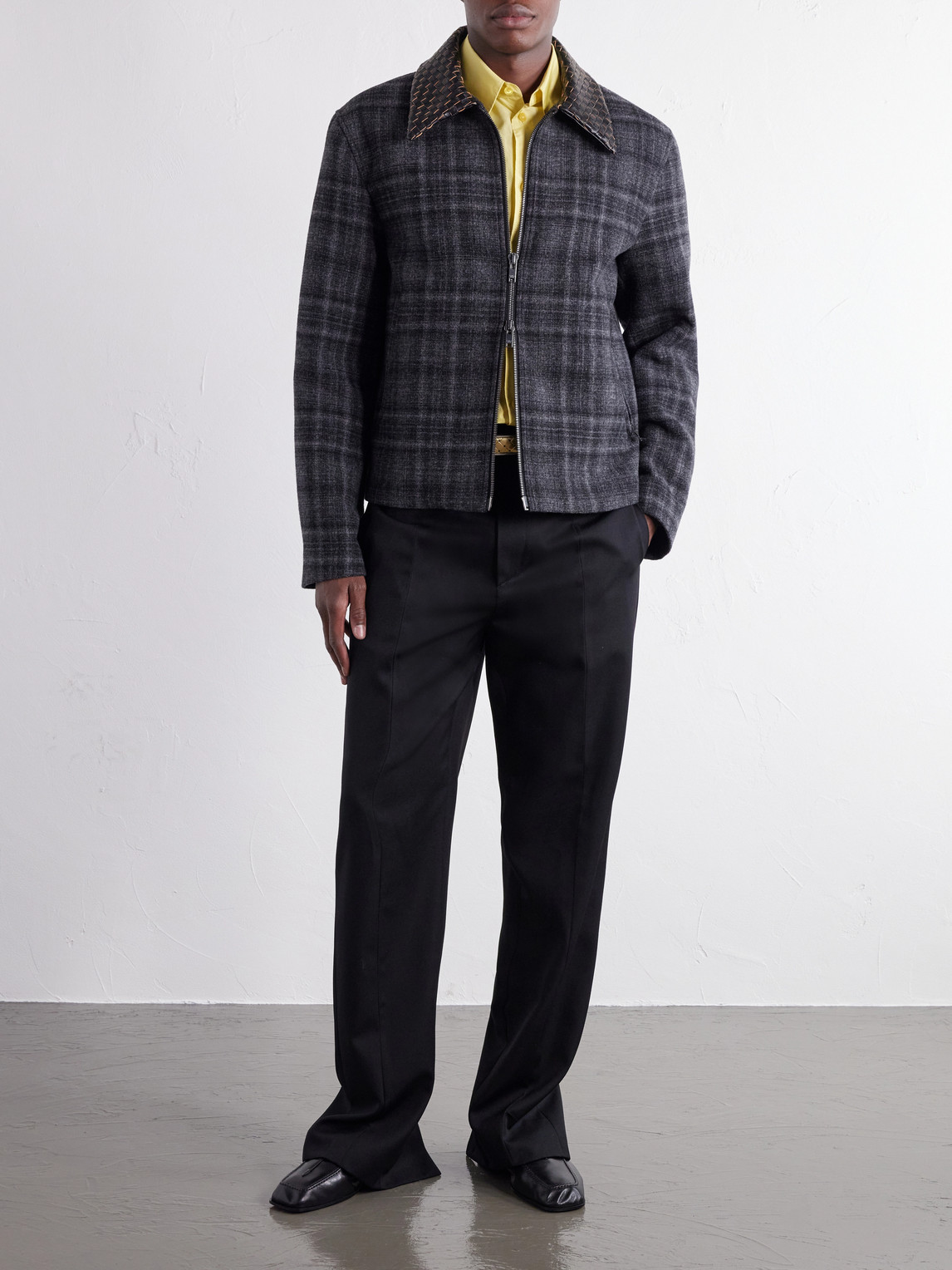 Intrecciato Leather-Trimmed Checked Brushed Wool-Blend Blouson Jacket