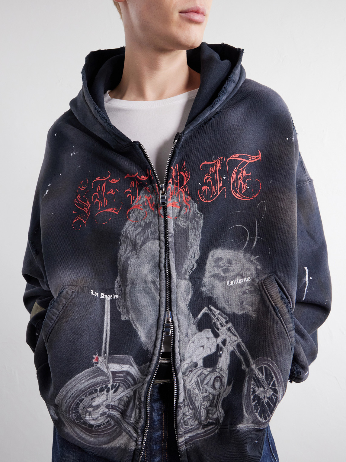 Chopper Girl Paint-Splattered Distressed Printed Cotton-Jersey Zip-Up Hoodie