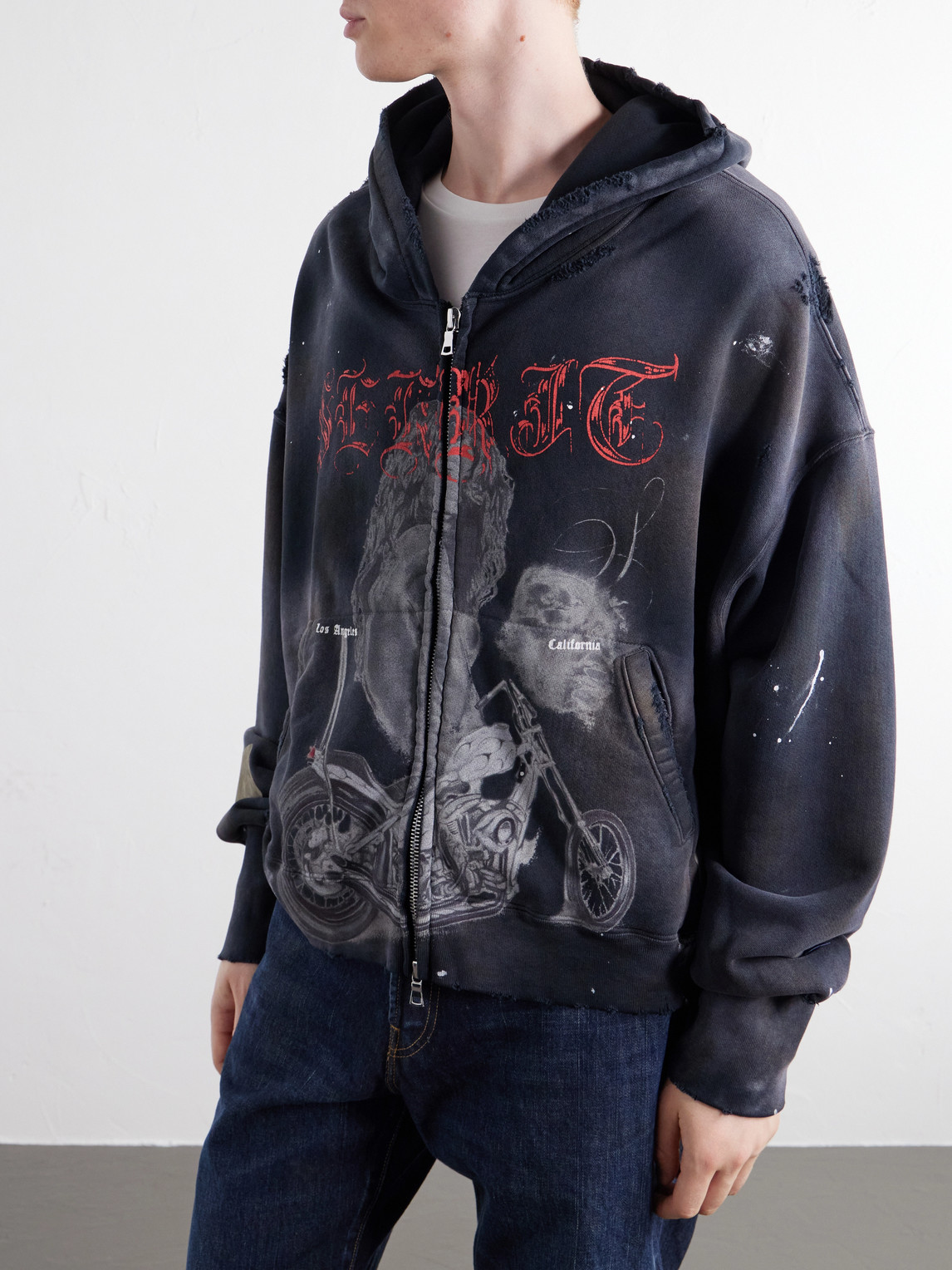 Chopper Girl Paint-Splattered Distressed Printed Cotton-Jersey Zip-Up Hoodie