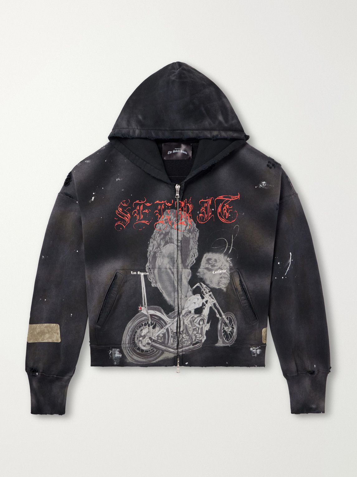 Chopper Girl Paint-Splattered Distressed Printed Cotton-Jersey Zip-Up Hoodie