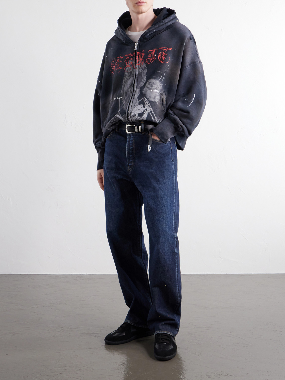 Chopper Girl Paint-Splattered Distressed Printed Cotton-Jersey Zip-Up Hoodie