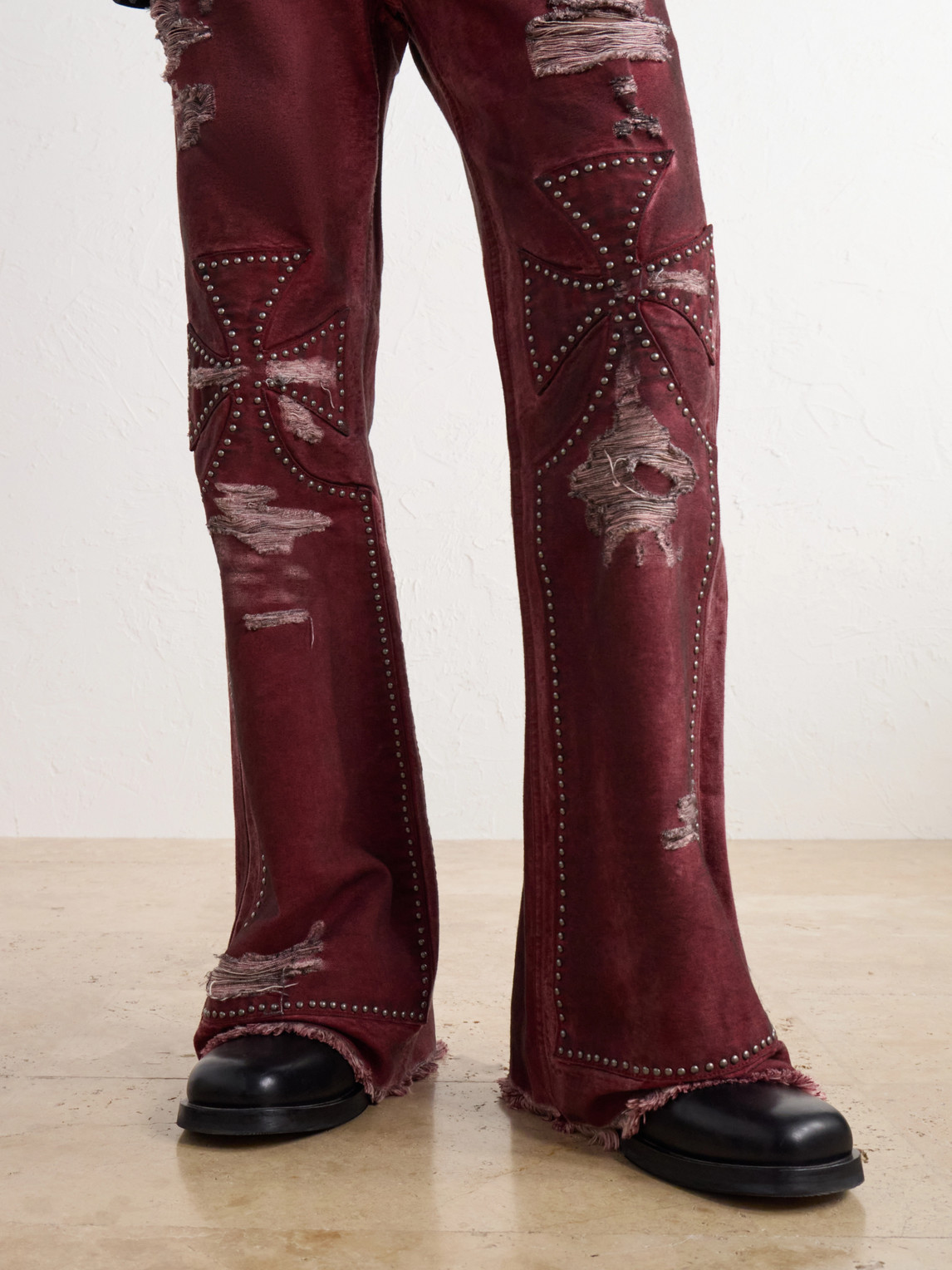 Studded Chopper Flared Distressed Panelled Jeans