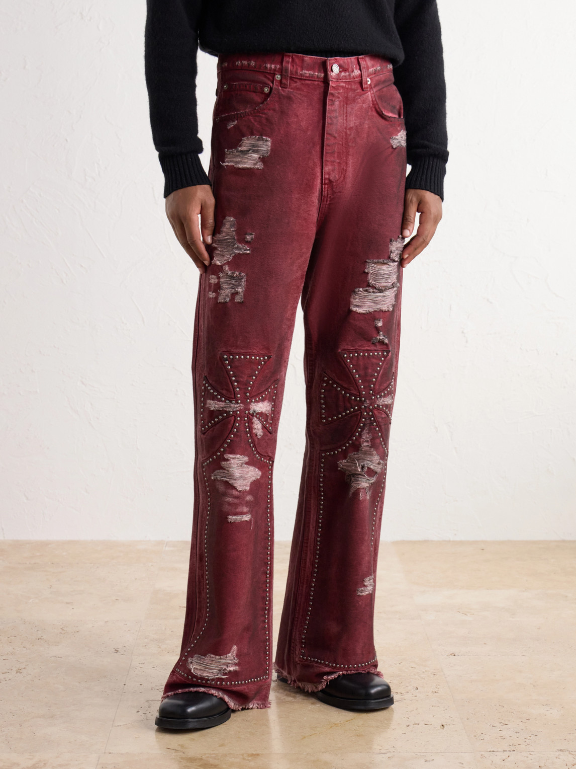 Studded Chopper Flared Distressed Panelled Jeans
