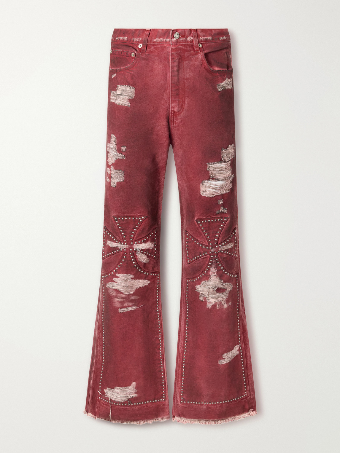 Sekrit Studded Chopper Flared Distressed Panelled Jeans In Animal Print