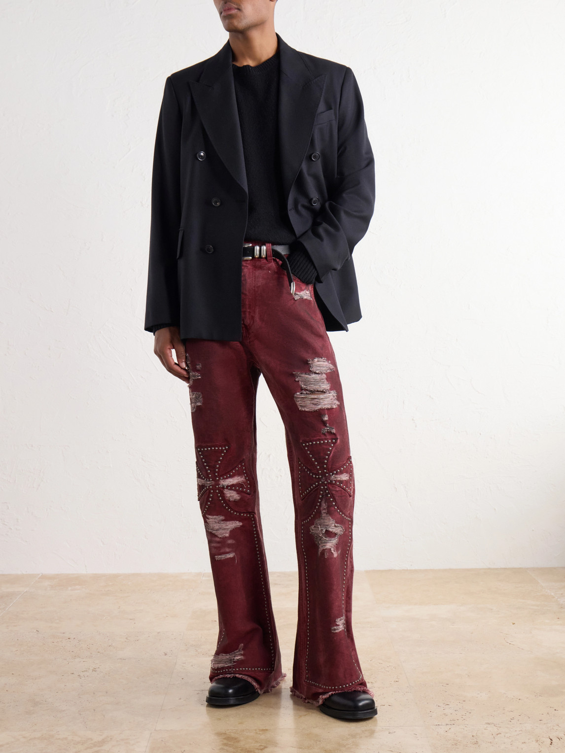 Studded Chopper Flared Distressed Panelled Jeans