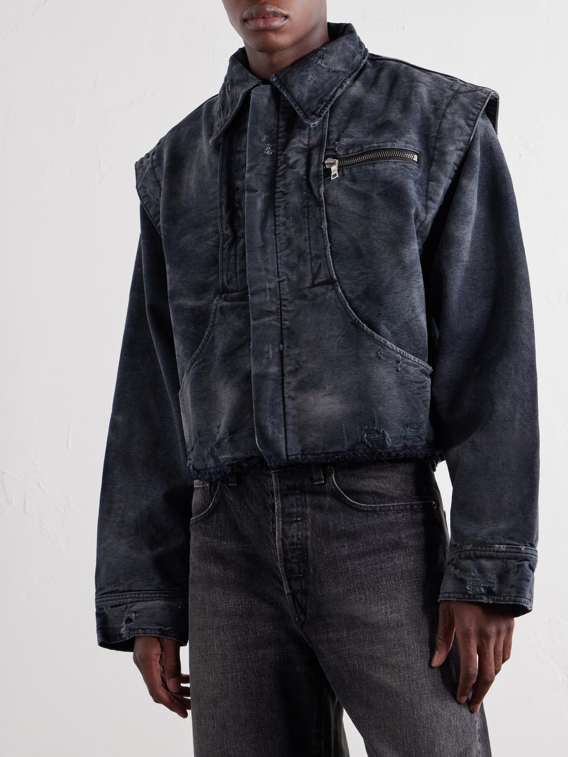 Chopper Cropped Distressed Cotton-Canvas Bomber Jacket
