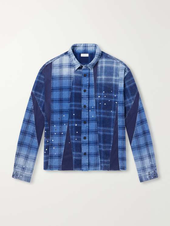 Johnelliott Scar Paint-Splattered Checked Mesh-Trimmed Cotton-Flannel Shirt