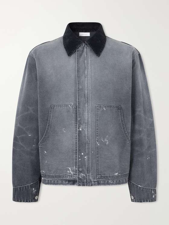 Johnelliott Corduroy-Trimmed Paint-Splattered Denim Jacket