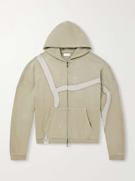 Johnelliott Mesh-Trimmed Paint-Splattered Cotton-Jersey Zip-Up Hoodie