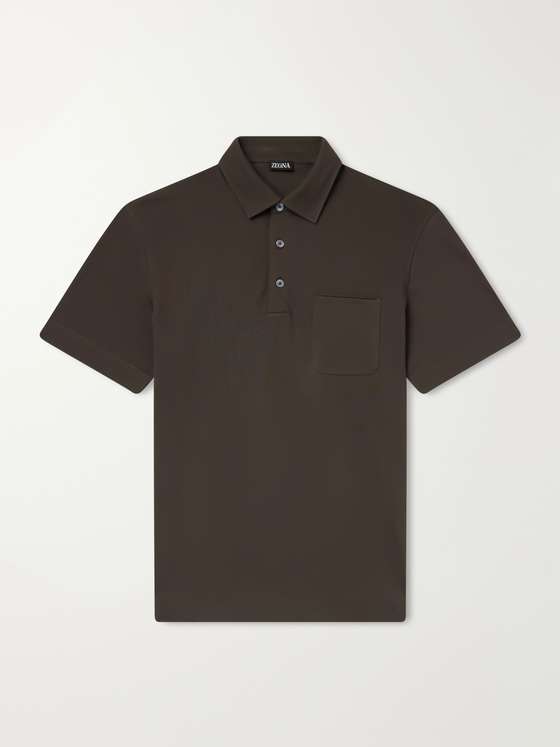 Ermenegildozegna Leather-Trimmed Cotton-Piqué Polo Shirt