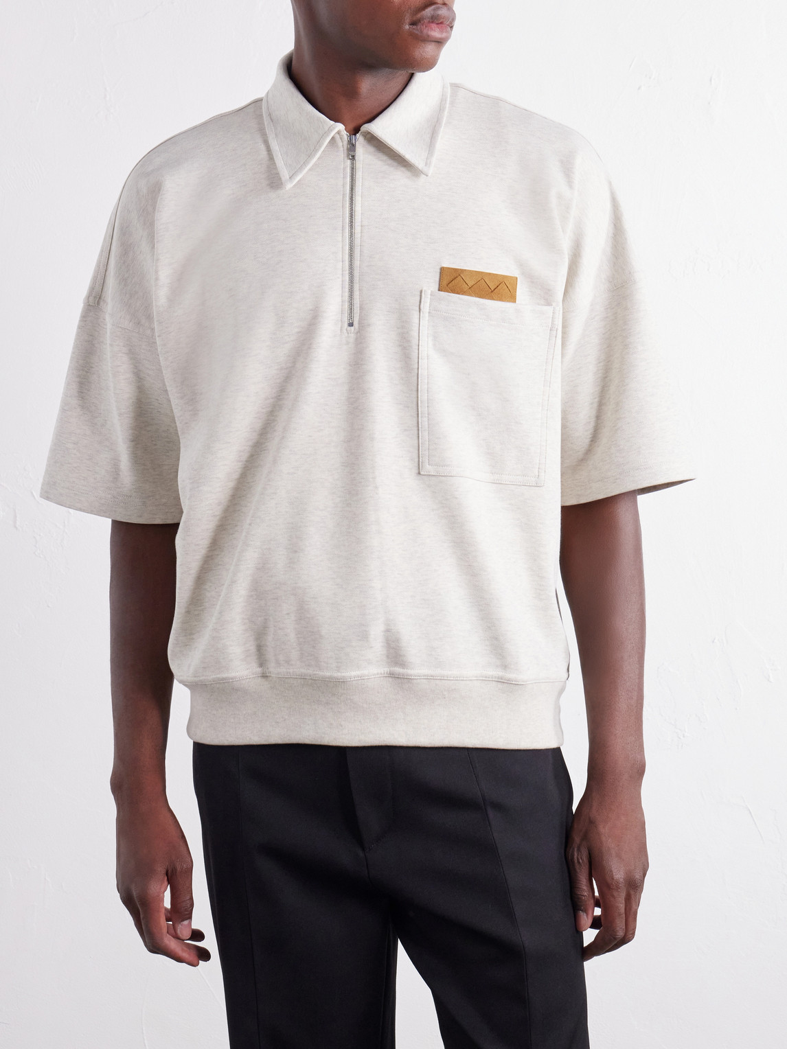 Intrecciato Leather-Trimmed Cotton-Jersey Polo Shirt