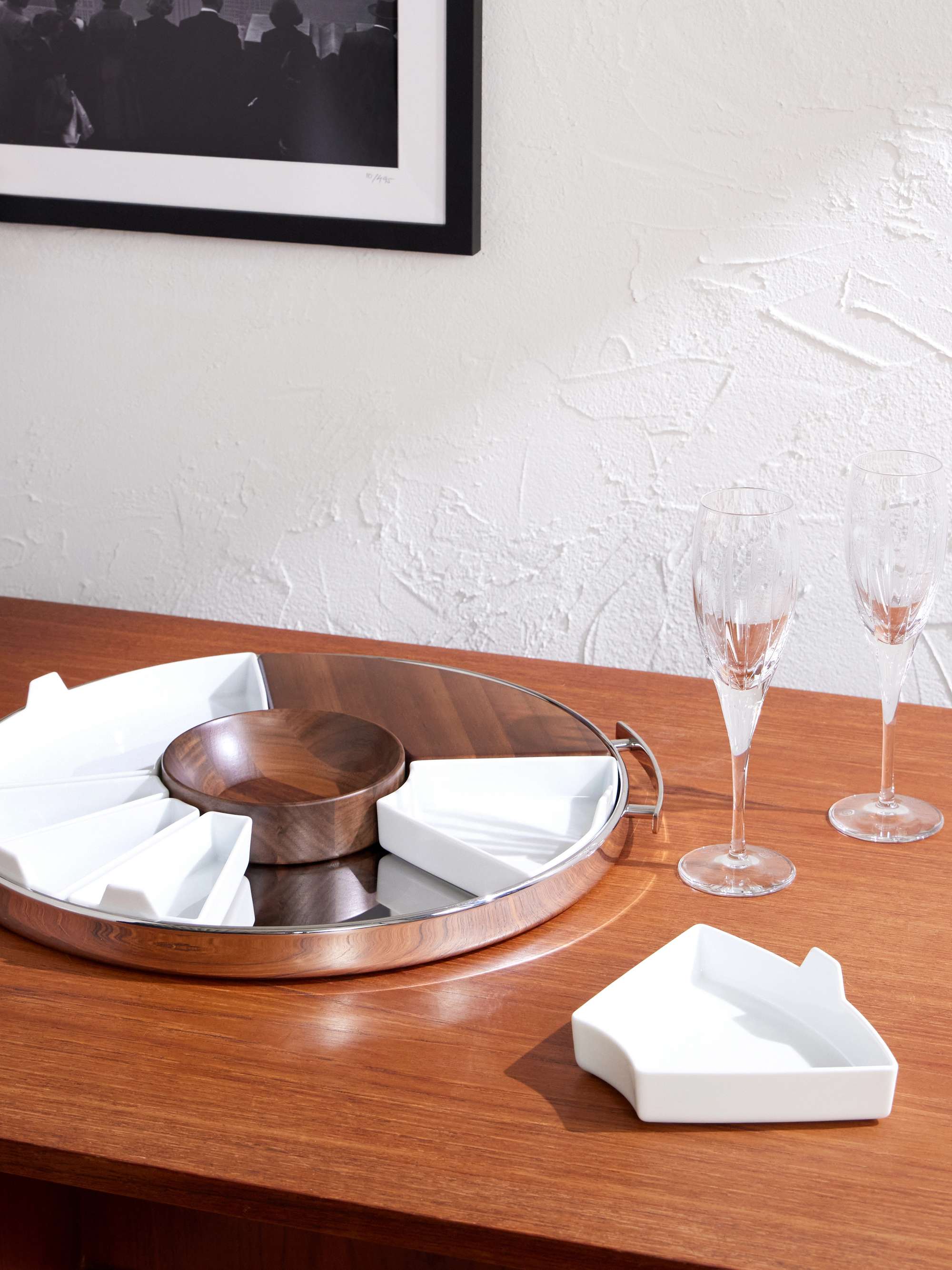 CHRISTOFLE MOOD Party Stainless Steel, Walnut and Porcelain Tray
