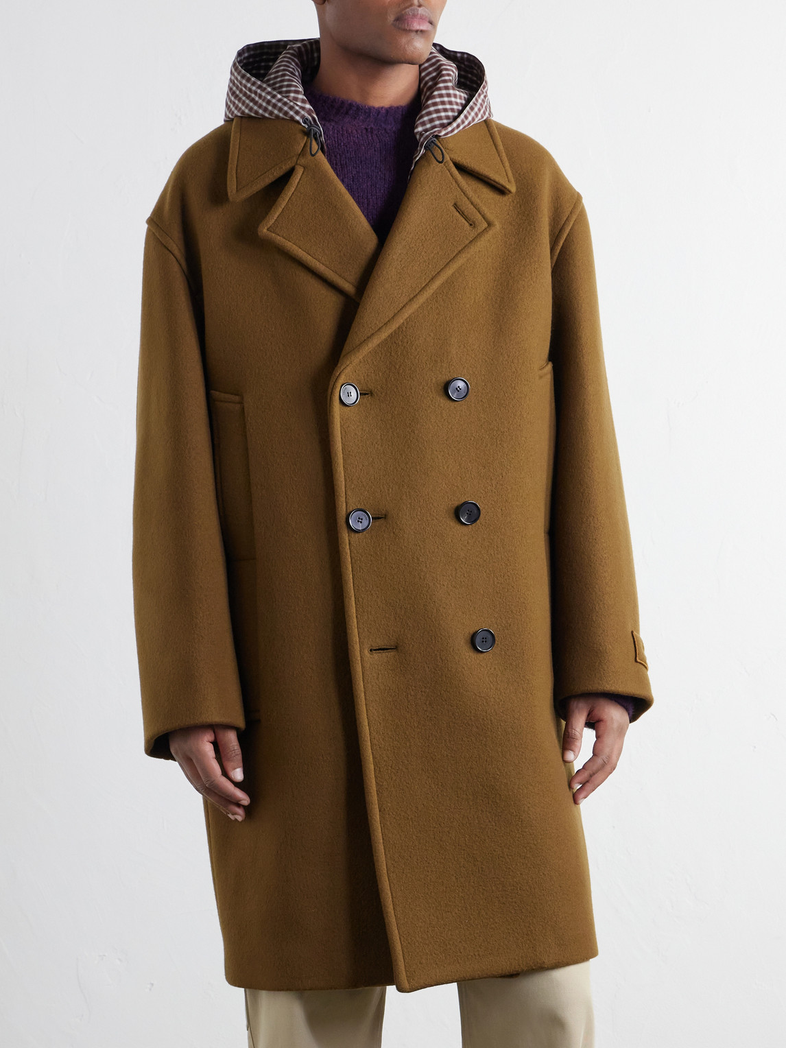 Double-Breasted Hooded Wool-Blend Felt Coat