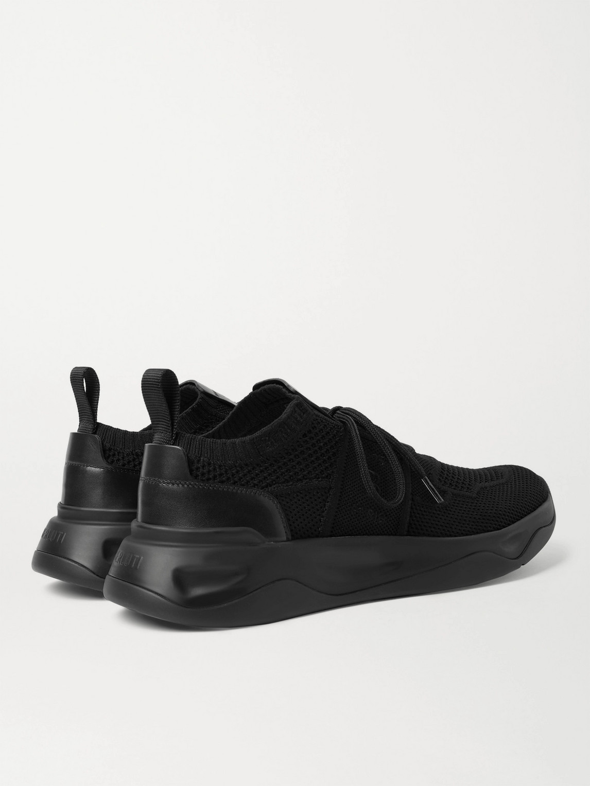 Shop Berluti Shadow Leather-trimmed Stretch-knit Sneakers In Black