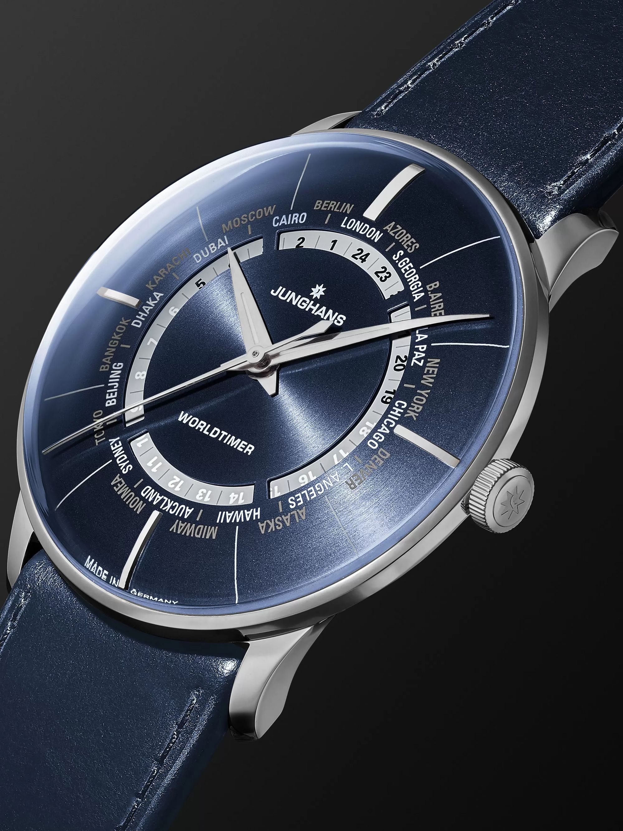 JUNGHANS Meister Worldtimer Automatic 40.4mm PVD-Coated Stainless Steel and Leather Watch, Ref. No. 027/5013.02