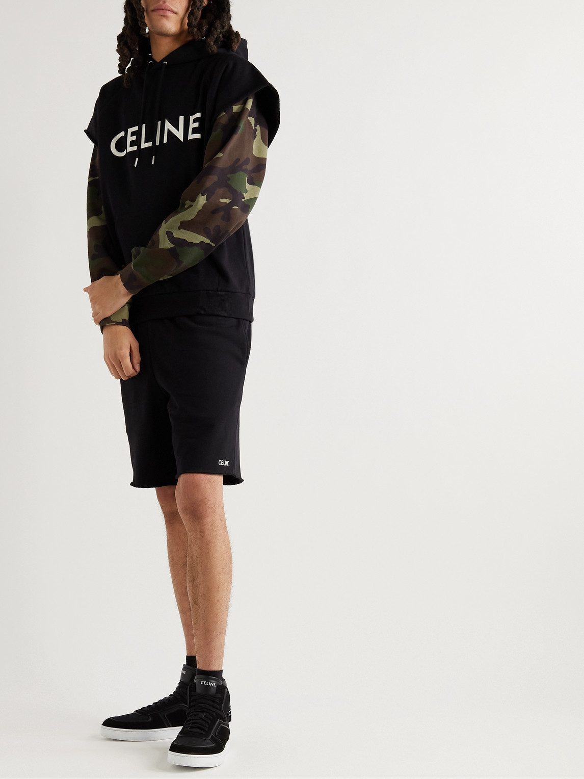 Celine Straight-leg Logo-embroidered Cotton-jersey Drawstring Shorts In Black