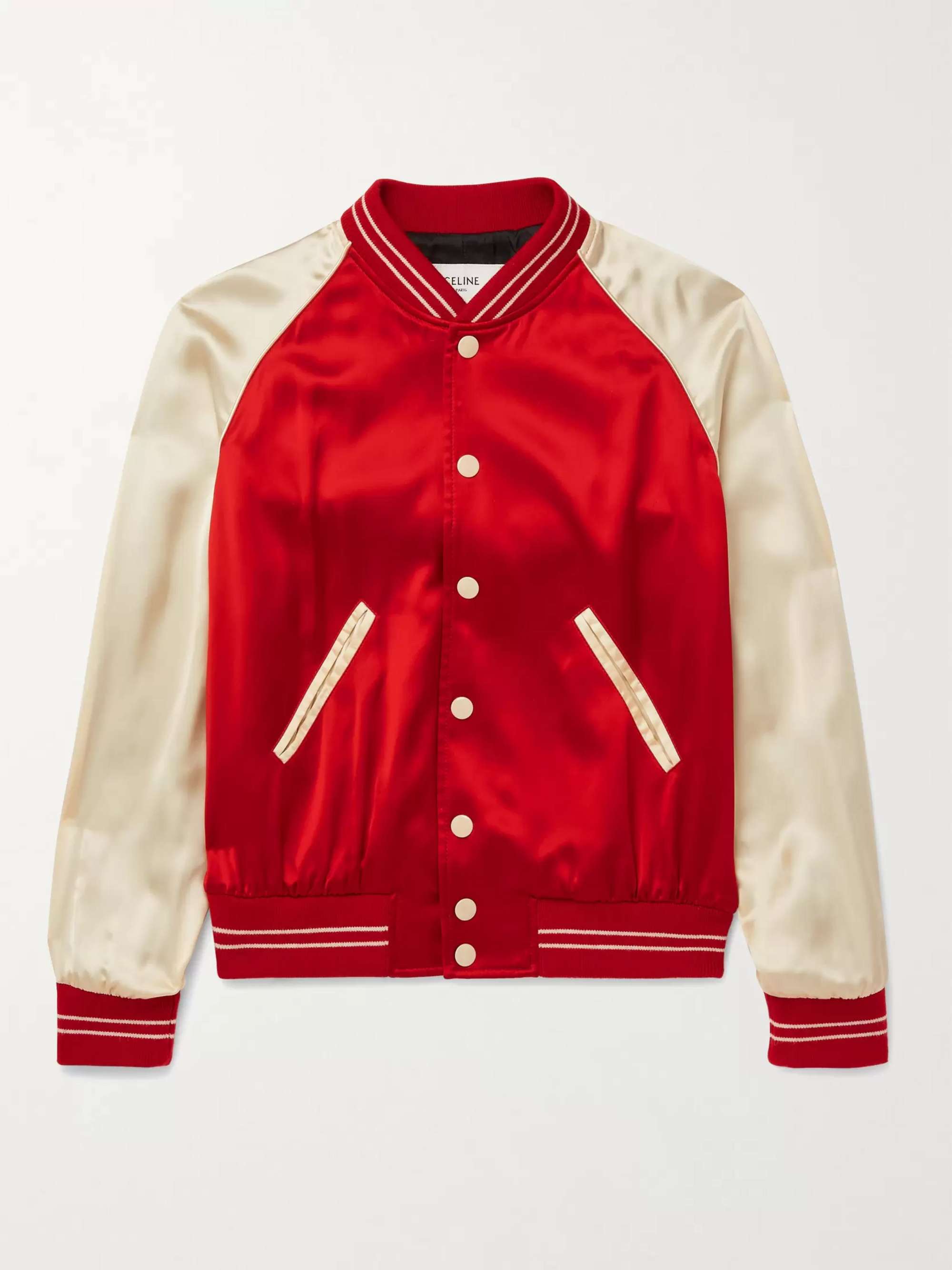 Red Suka Embroidered Colour-Block Satin Bomber Jacket | THE REAL 
