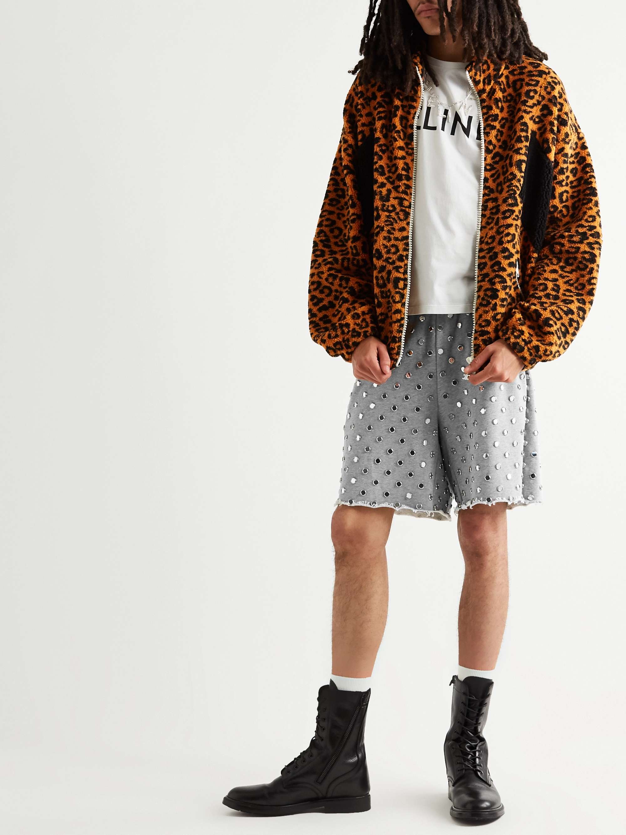 CELINE HOMME Wide-Leg Logo-Print Cotton-Jersey Drawstring Shorts