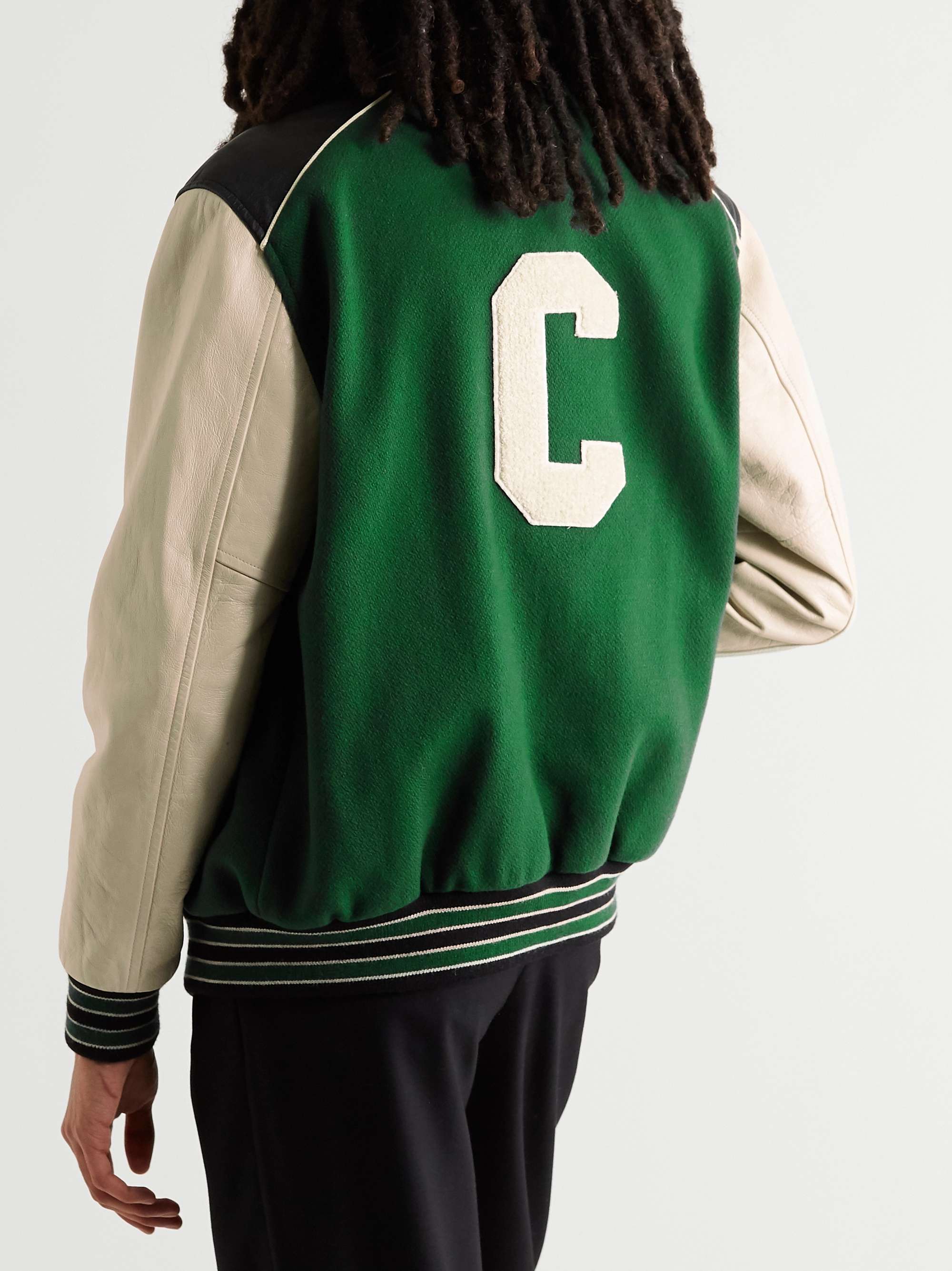 CELINE HOMME Appliquéd Wool-Blend and Leather Varsity Jacket