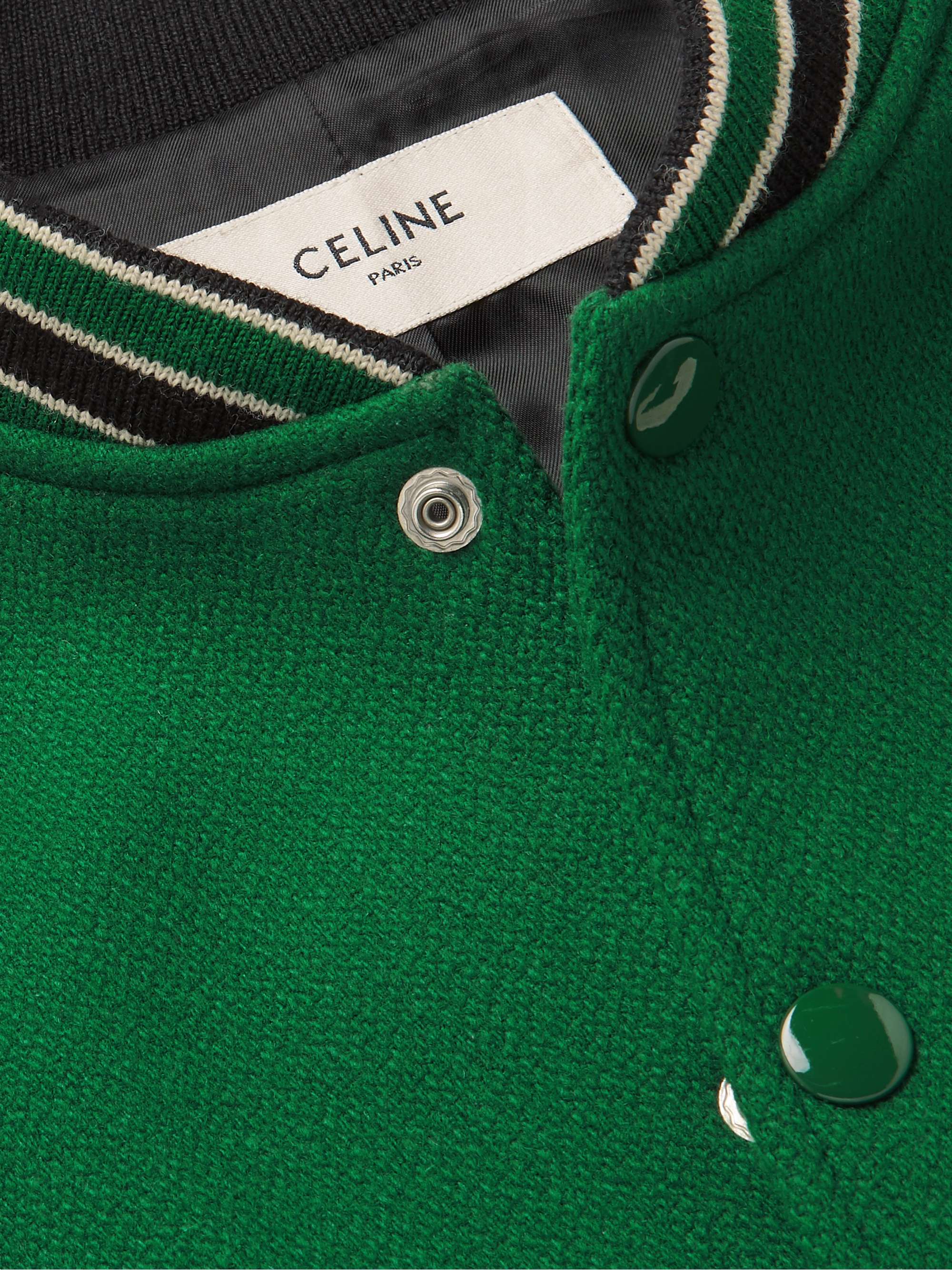 CELINE HOMME Appliquéd Wool-Blend and Leather Varsity Jacket