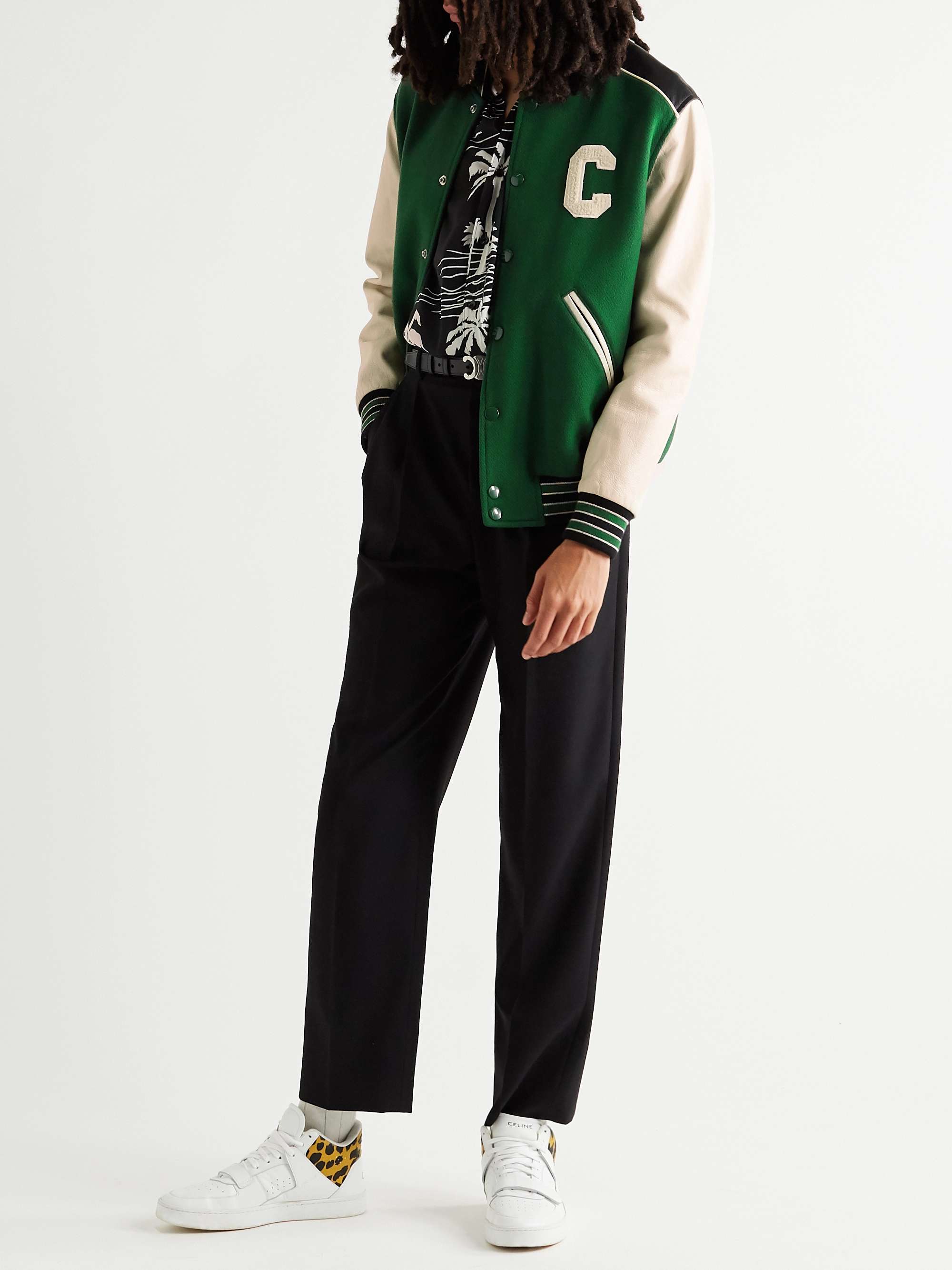 CELINE HOMME Appliquéd Wool-Blend and Leather Varsity Jacket