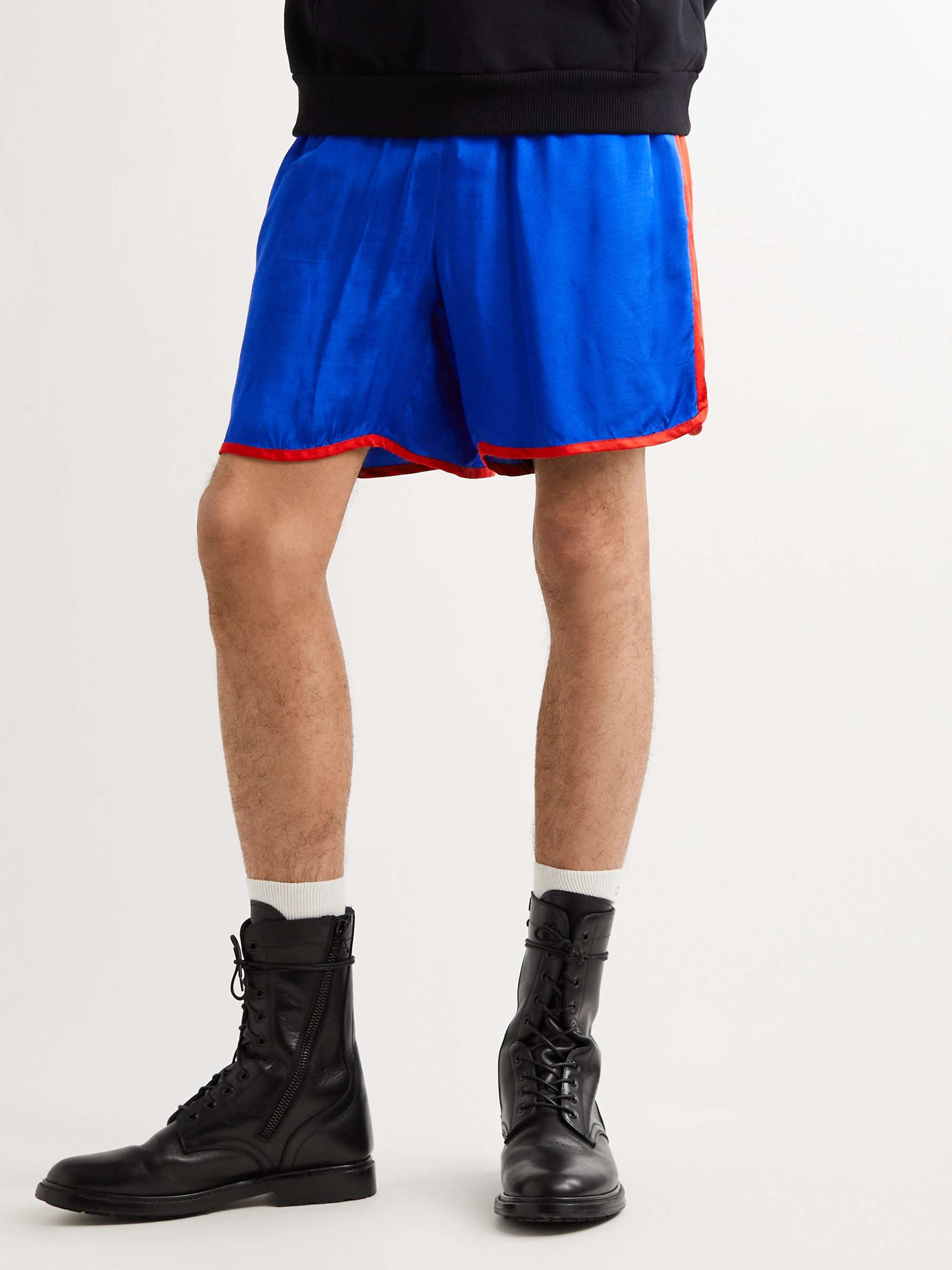 CELINE HOMME Wide-Leg Logo-Embroidered Colour-Block Satin Shorts