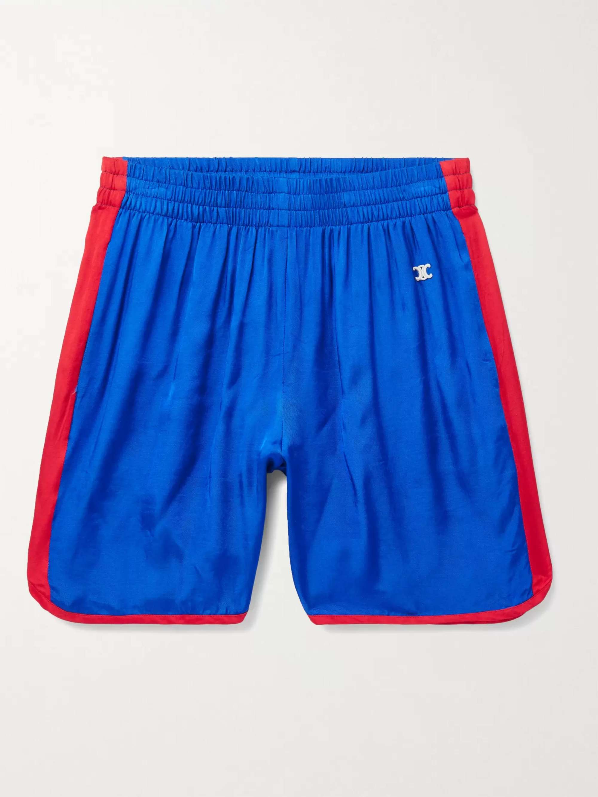 CELINE HOMME Wide-Leg Logo-Embroidered Colour-Block Satin Shorts