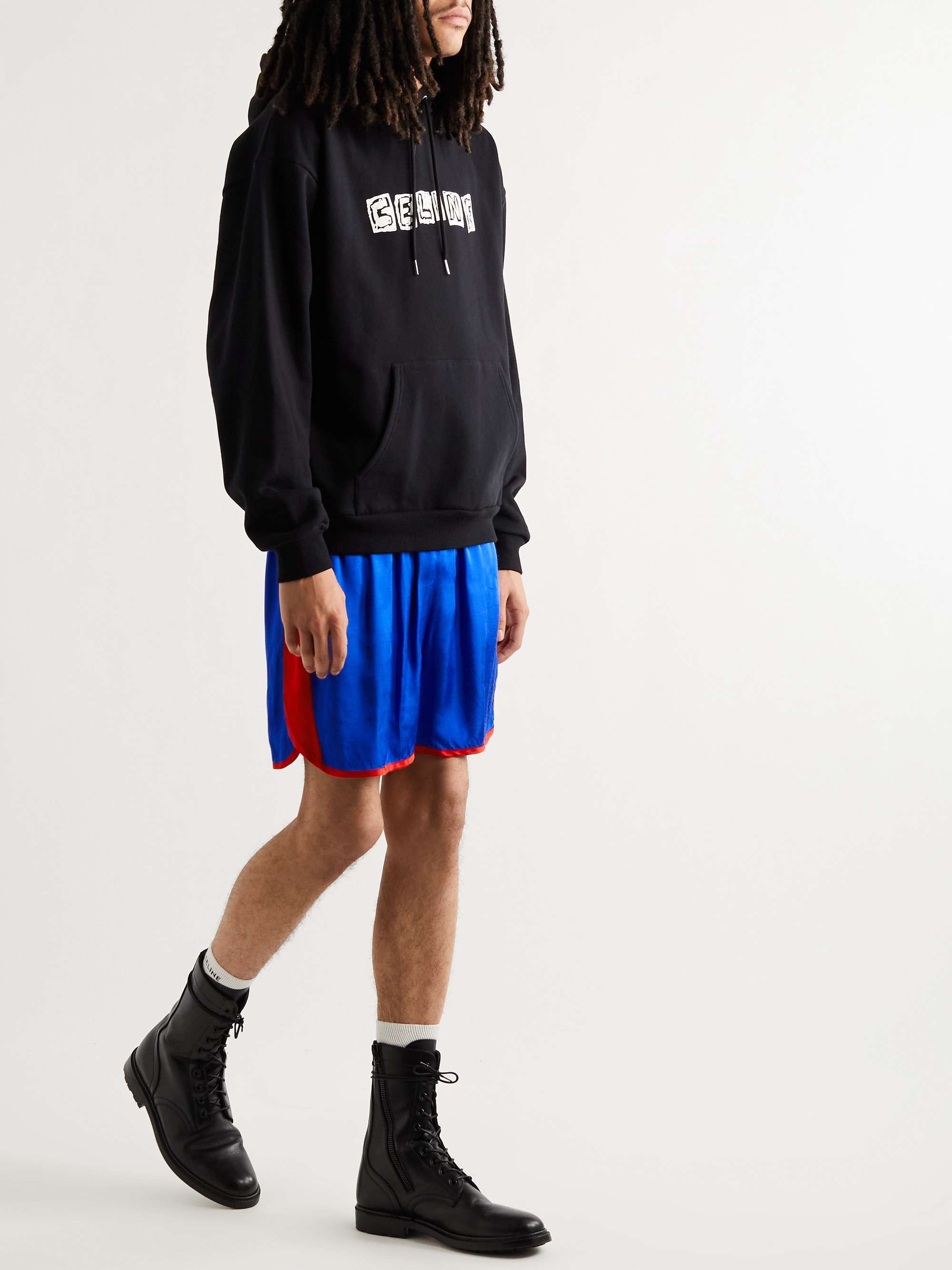 CELINE HOMME Wide-Leg Logo-Embroidered Colour-Block Satin Shorts