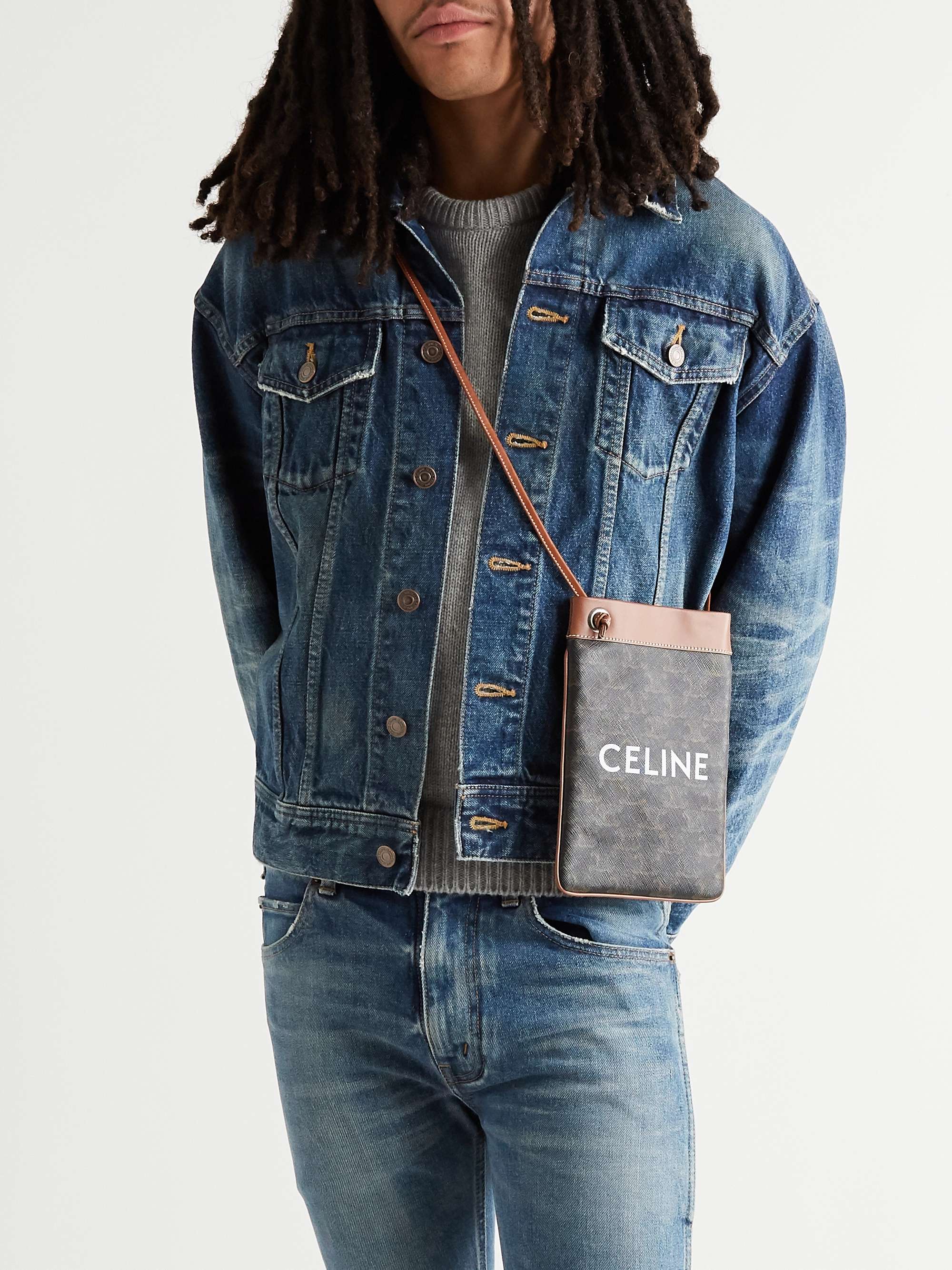 CELINE HOMME Leather-Trimmed Logo-Print Coated-Canvas Pouch