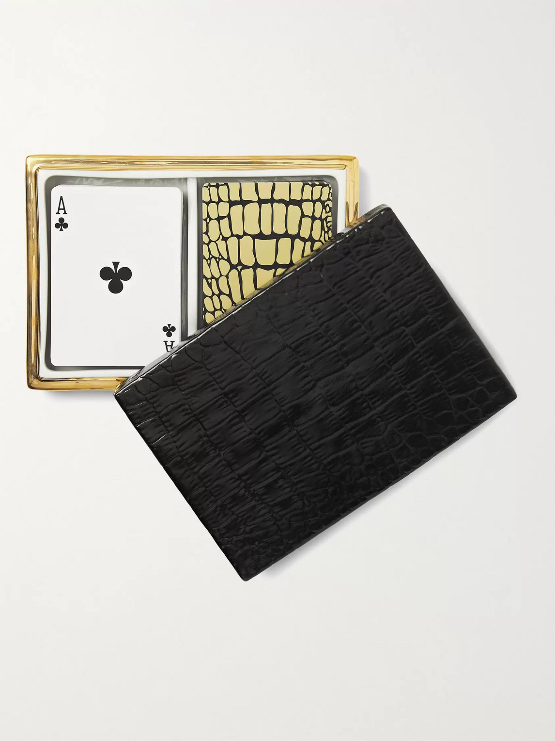 L'Objet Crocodile-Effect Gold-Plated Porcelain Box with Two Decks of Playing Cards - Men