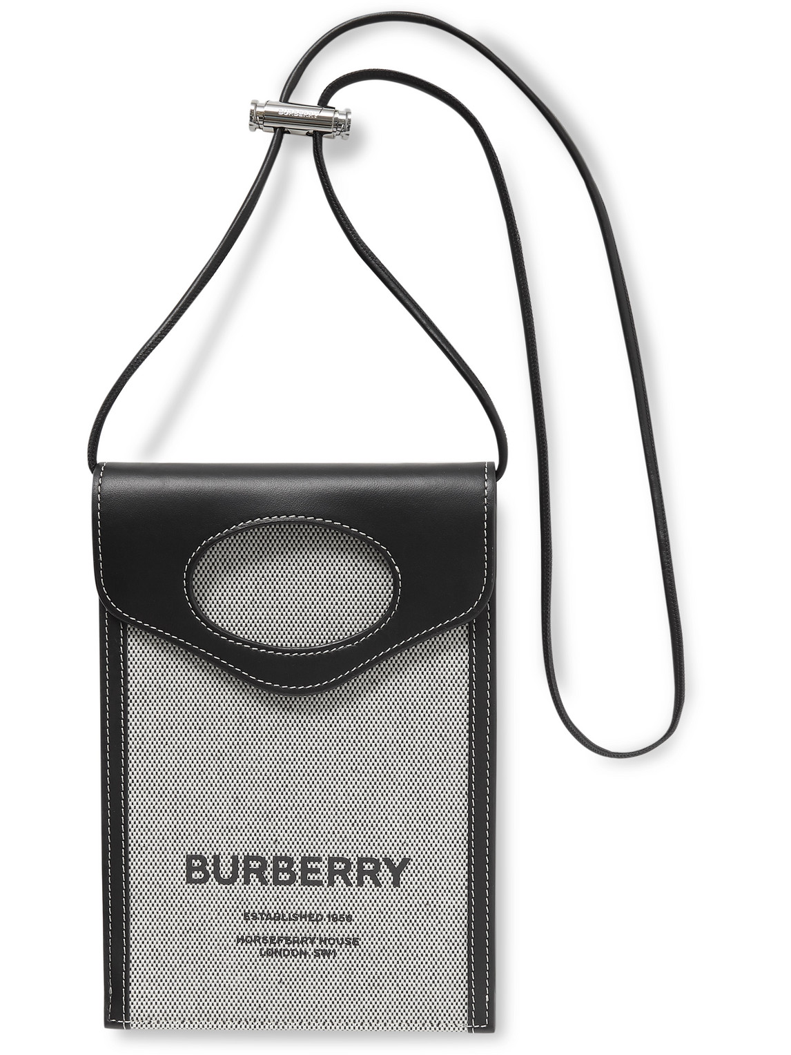 Shop Burberry Leather-trimmed Logo-print Canvas Pouch With Lanyard In Gray