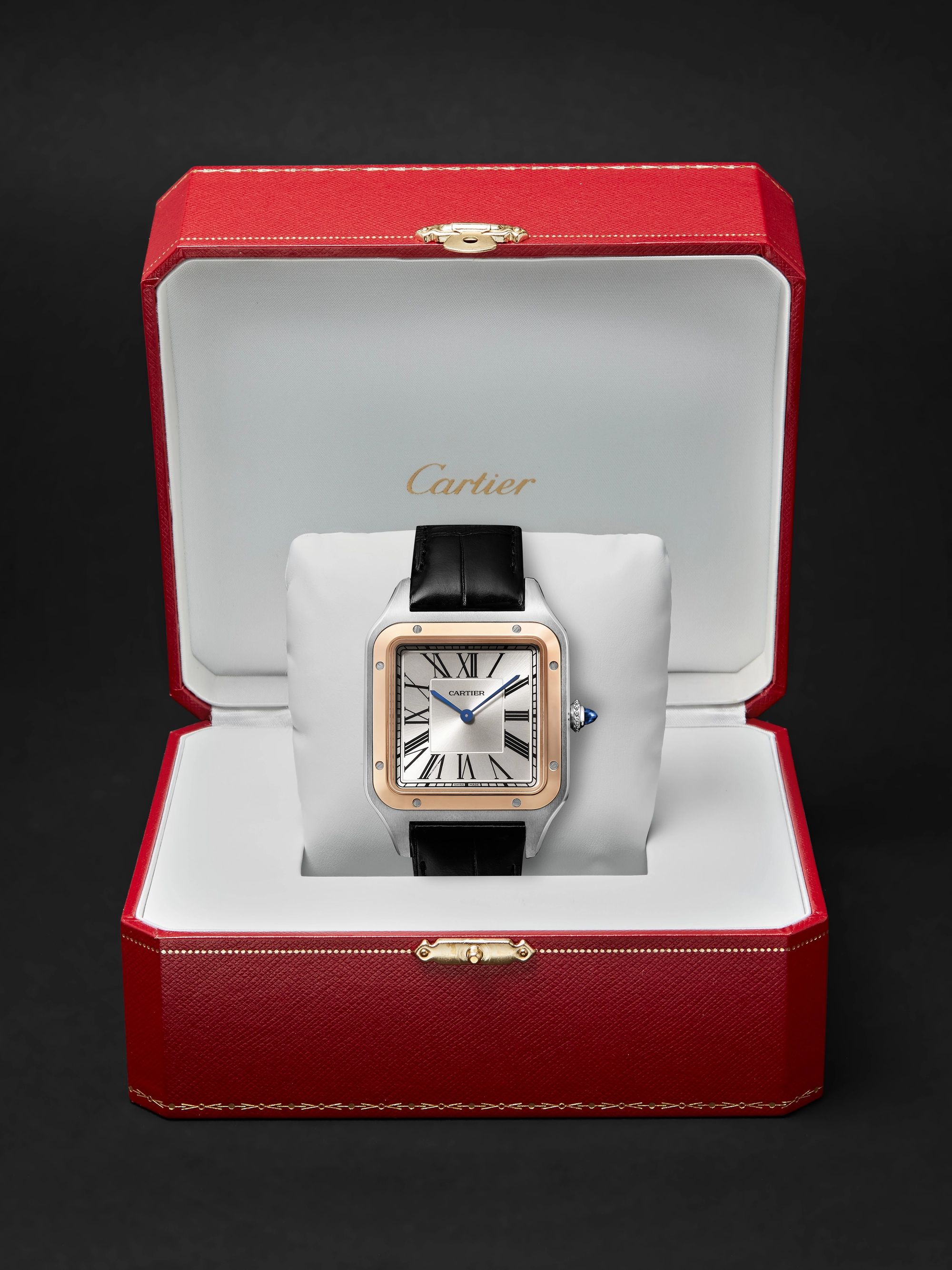 CARTIER Santos-Dumont Hand-Wound 33.9mm Extra Large 18-Karat Rose Gold, Steel and Alligator Watch, Ref. No. W2SA0017