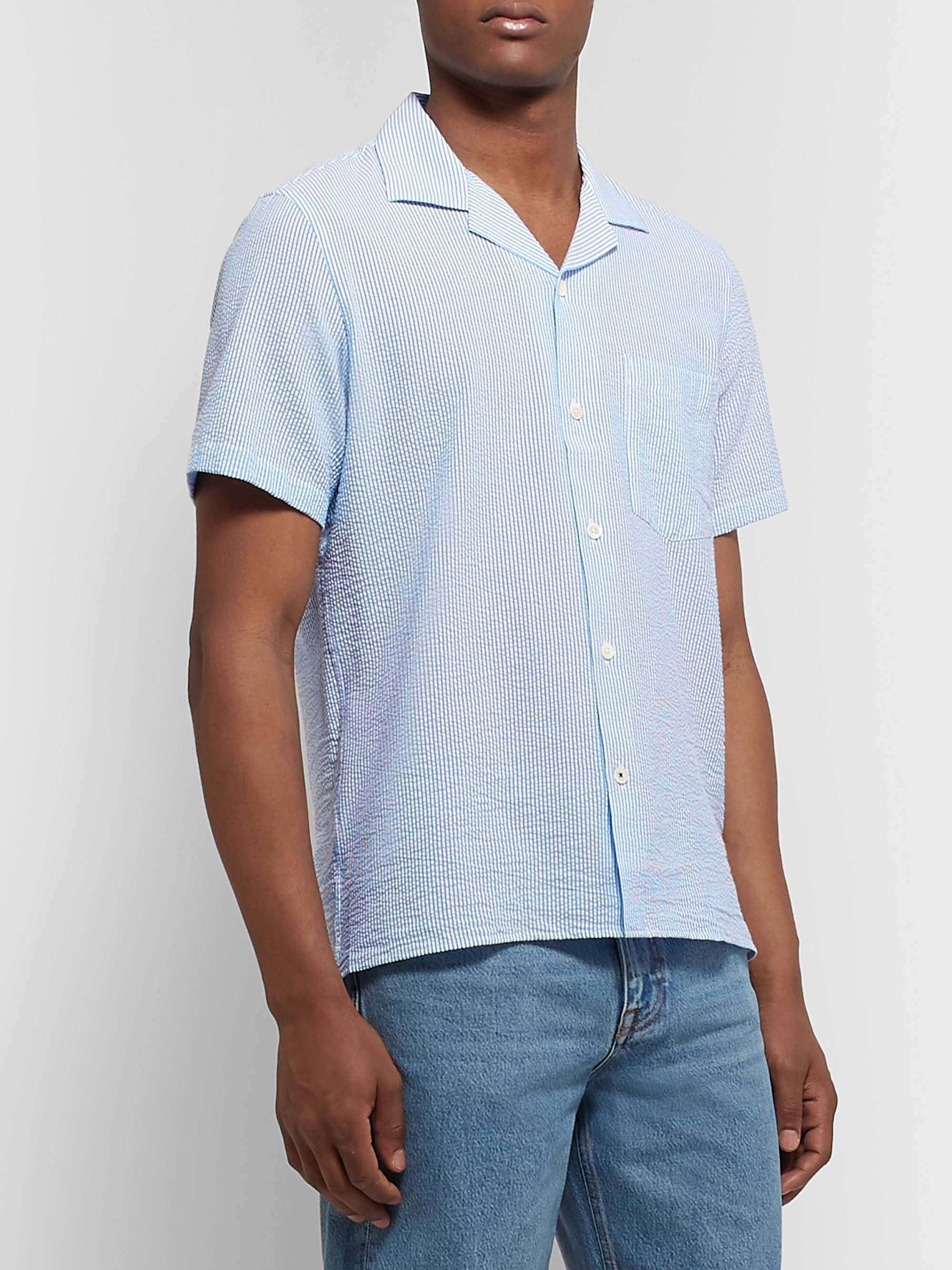 NN07 Miyagi Camp-Collar Striped Seersucker Shirt