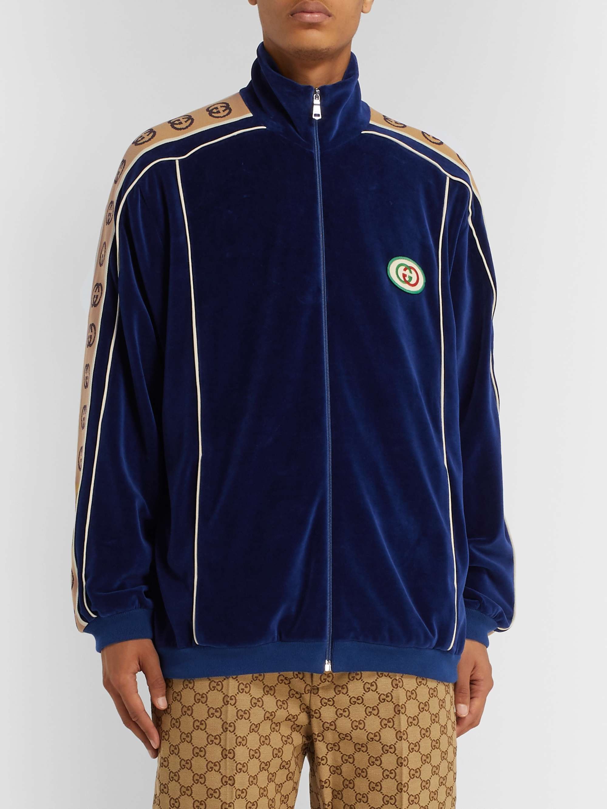 GUCCI Oversized Logo-Appliquéd Webbing-Trimmed Piped Velvet Track Jacket