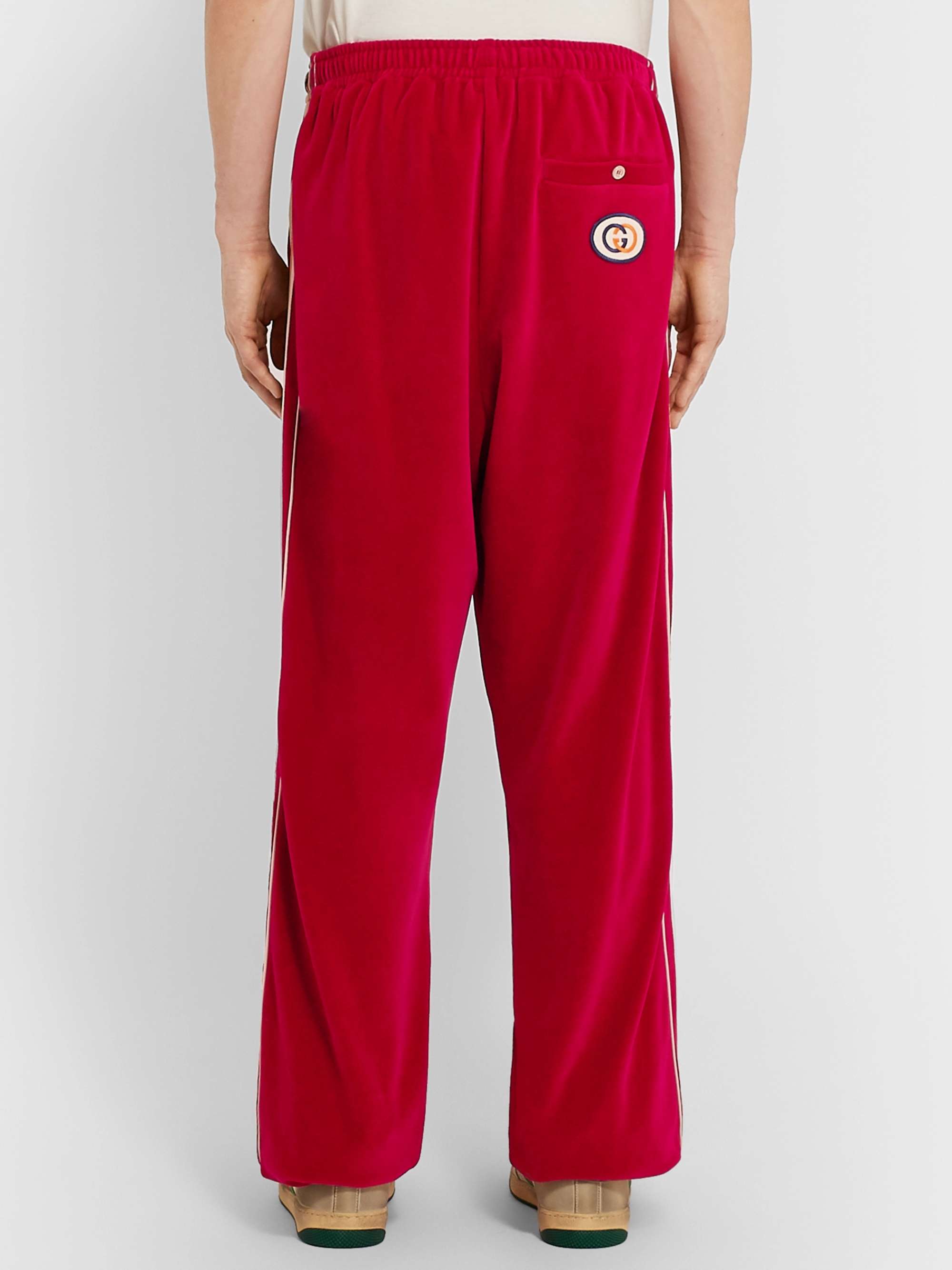 GUCCI Tapered Logo-Appliquéd Webbing-Trimmed Piped Velvet Sweatpants