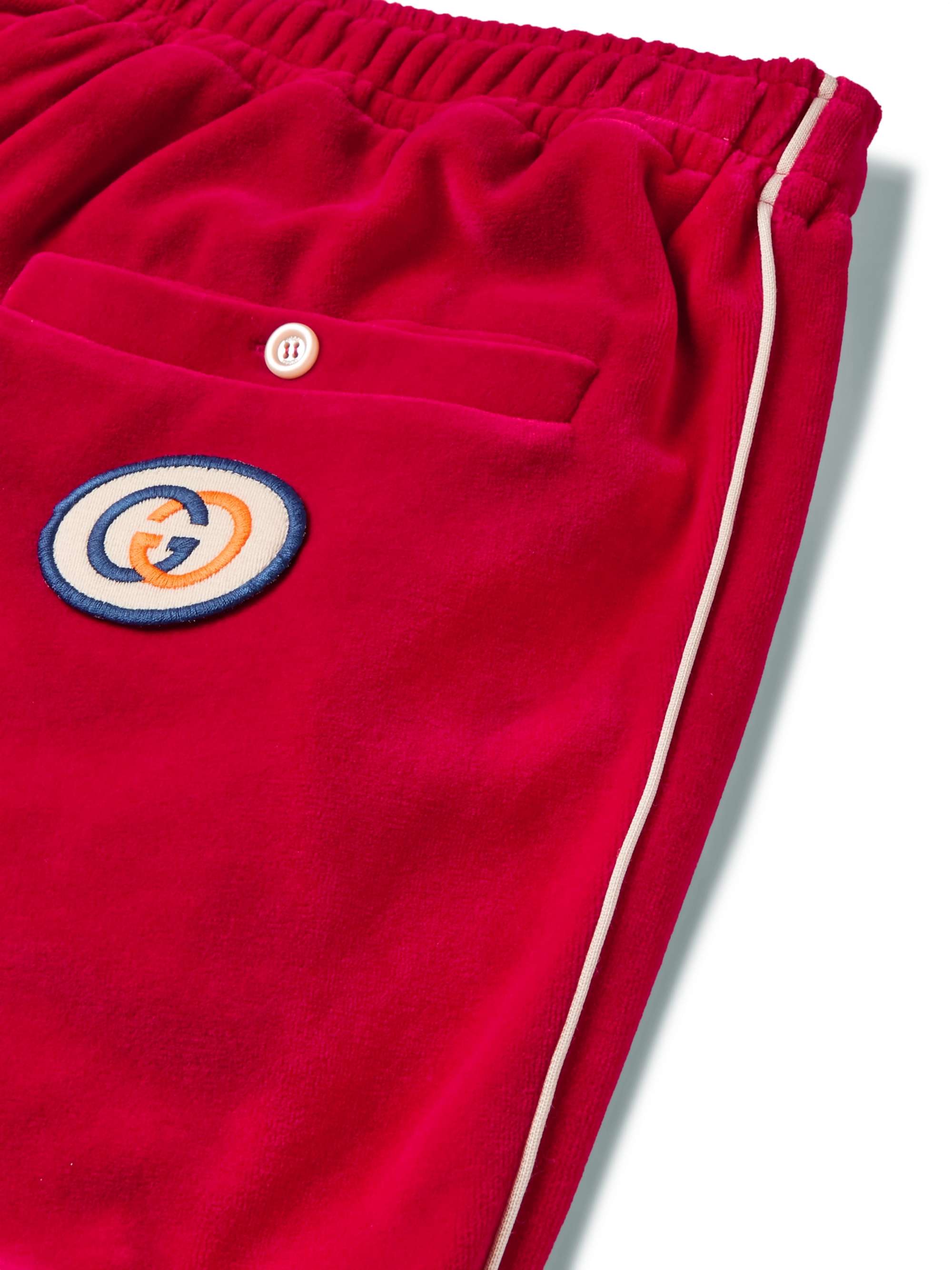 GUCCI Tapered Logo-Appliquéd Webbing-Trimmed Piped Velvet Sweatpants